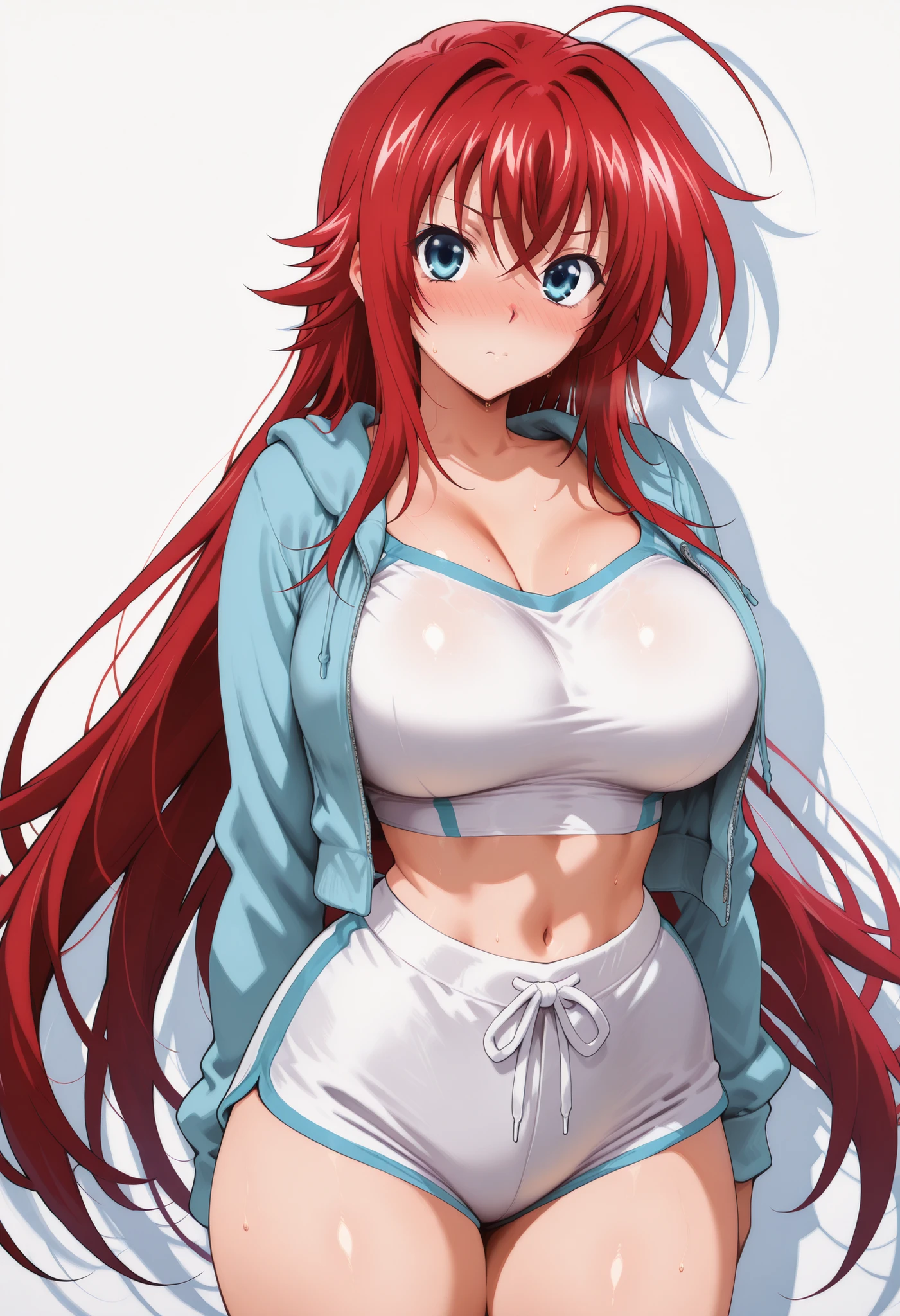 (masterpiece), Anime Style,solo,alone,only 1 girl,Rias Gremory standing, , , COWBOY SHOT, detailed rendering, smooth skin ,, looking at viewer, nose blush, shiny legs, shiny body, shiny hair, clear skin, clear body, sweat, sweaty, sweaty:1.3, solo, thick thigh, thick thighs, solo, female, large breasts,, looking at viewer, large breasts, STANDING, POSING, COWBOY SHOT, NICE LEGS, opaque clothes,, HUGE BREASTS,, solo, large breasts, thick thigh, dynamic pose, navel ,midriff, open hoodie, crop top, shorts,open hoodie, crop top, shorts,,open hoodie, crop top, shorts,,,,open hoodie, crop top, shorts,,,open hoodie, crop top, shorts,,,,,,,,,, white background, empty background, opaque clothes