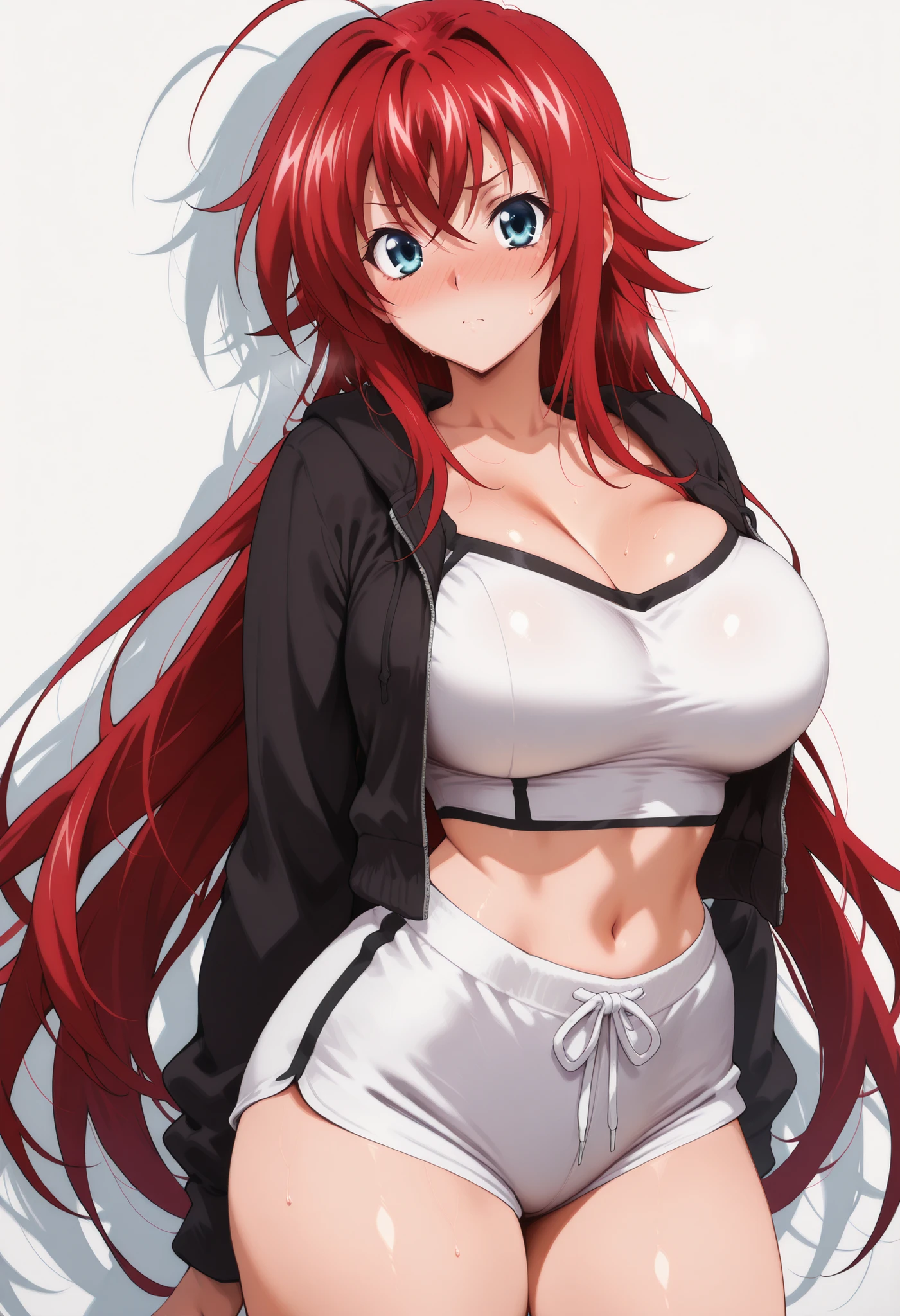 (masterpiece), Anime Style,solo,alone,only 1 girl,Rias Gremory standing, , , COWBOY SHOT, detailed rendering, smooth skin ,, looking at viewer, nose blush, shiny legs, shiny body, shiny hair, clear skin, clear body, sweat, sweaty, sweaty:1.3, solo, thick thigh, thick thighs, solo, female, large breasts,, looking at viewer, large breasts, STANDING, POSING, COWBOY SHOT, NICE LEGS, opaque clothes,, HUGE BREASTS,, solo, large breasts, thick thigh, dynamic pose, navel ,midriff, open hoodie, crop top, shorts,open hoodie, crop top, shorts,,open hoodie, crop top, shorts,,,,open hoodie, crop top, shorts,,,open hoodie, crop top, shorts,,,,,,,,,, white background, empty background, opaque clothes