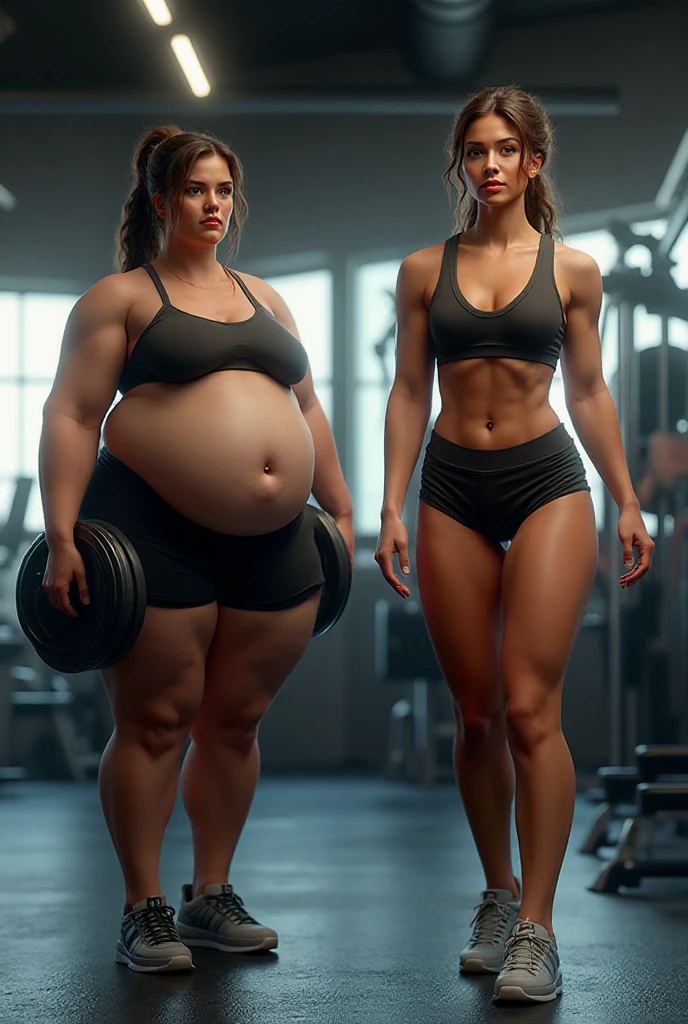 A very fat and thin woman with a 