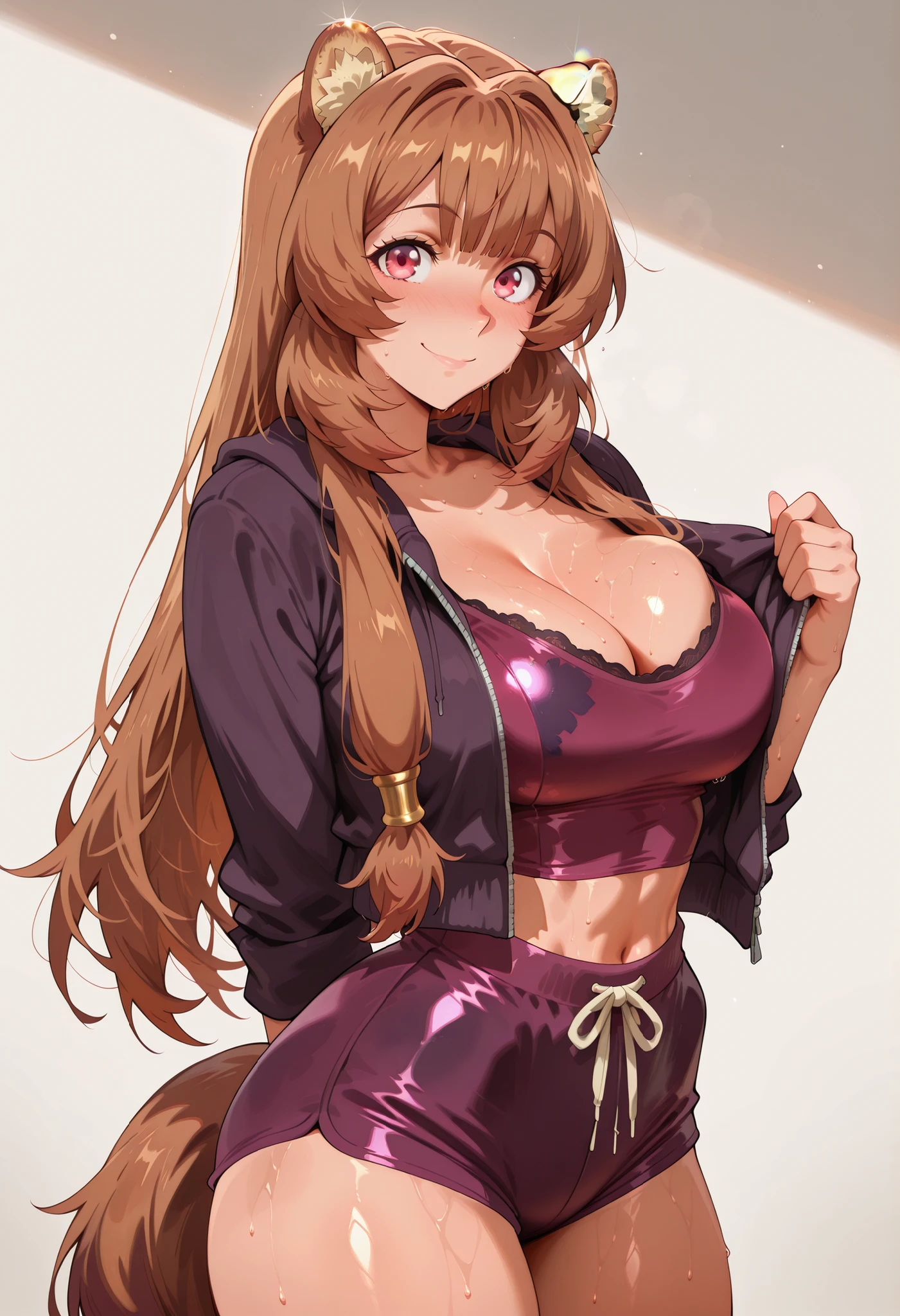 raphtalia, orange fur , red eyes, animal ears, smile, large breasts, , loose hair, blushed, cara blushed, , sexy body, large breasts, lace panties, sweat, sweaty, sweaty:1.3, nose blush,, looking at viewer, nice legs, legs, standing, solo, female, shiny skin, shiny hair, shiny body, clear body,,, cowboy shot ,,,, ,,, shorts , ,,, BIG BREASTS, , looking at viewer, NOSE BLUSH, sweat, sweaty, sweat:1.3, CLEAVAGE, shiny skin, shiny hair, shiny body, clear body, , solo, STANDING, POSING, thick thighs, thighs, solo, standing, POSING, DYNAMIC POSE, tail,,, STANDART COLORS, open hoodie, crop top, shorts,open hoodie, crop top, shorts,,open hoodie, crop top, shorts,,,,open hoodie, crop top, shorts,,,,open hoodie, crop top, shorts,,,