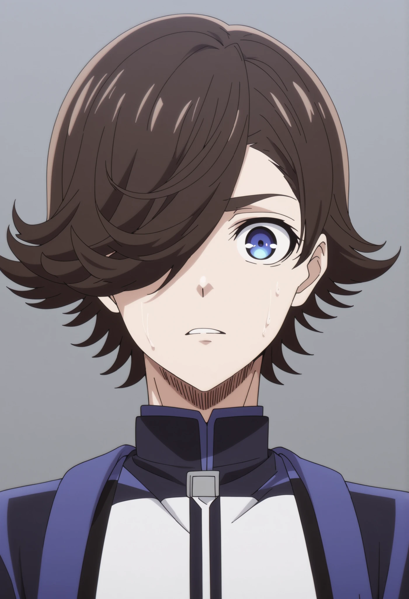 (high-quality, breathtaking),(expressive eyes, perfect face) Symmetrical Eyes, 1boy, male, solo, looking at viewer, short hair, bangs, hair covering eye, rice shower, Derby shoes , upper body, portrait, simple background, brown hair, blue lock anime, blue lock anime uniform, blue_lock_style, blue lock bodysuit, blue tank top,red tank top,white tank top,black tank top , soft expression, calm, neutral,