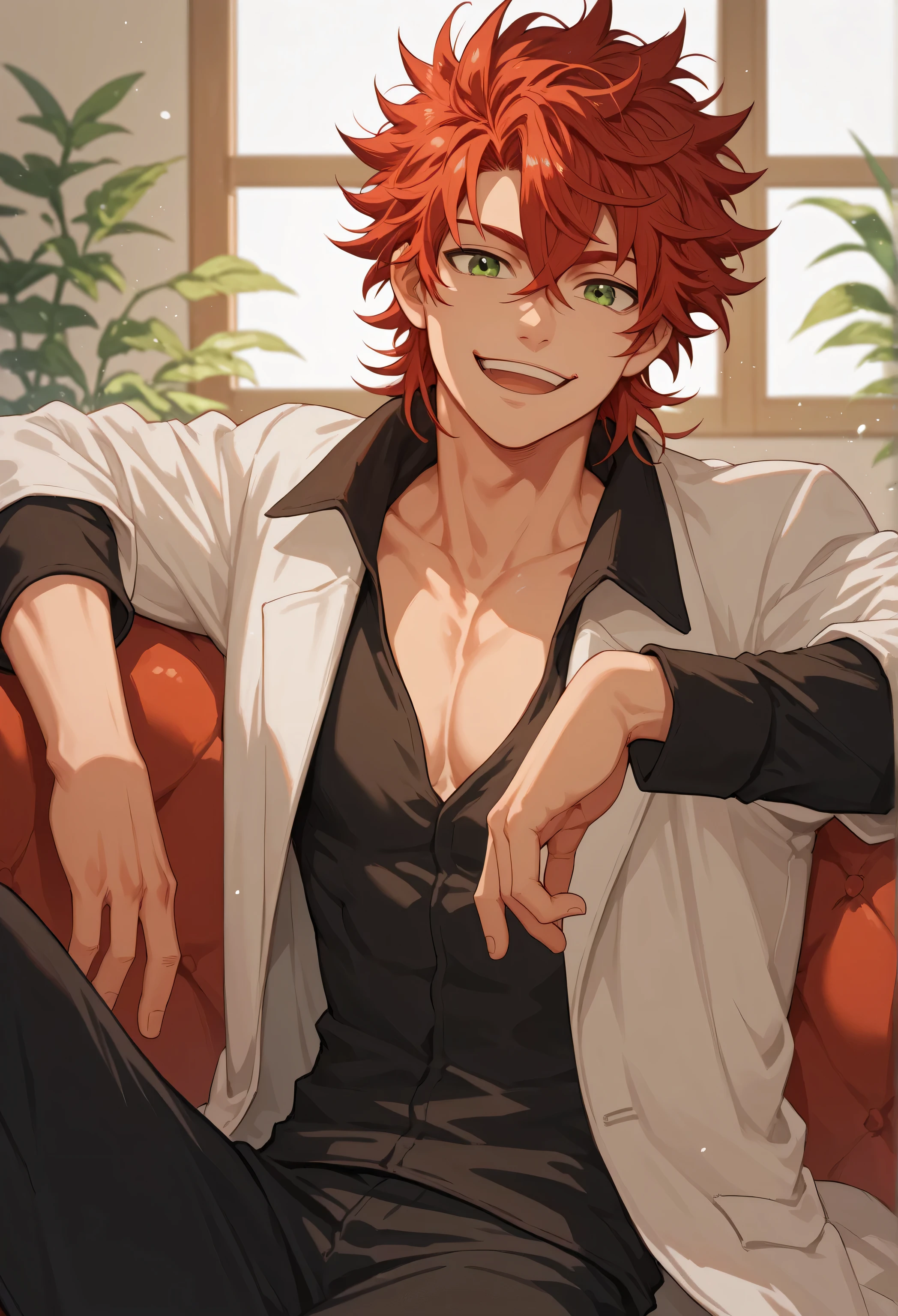 red hair, man, green eyes, white skin, strong, black shirt, focus on character, indoors, sitting on sofa, smiling, cheerful, messy hair, looking at viewer, anime style, athletic, white coat, young, open arms, Meliodas