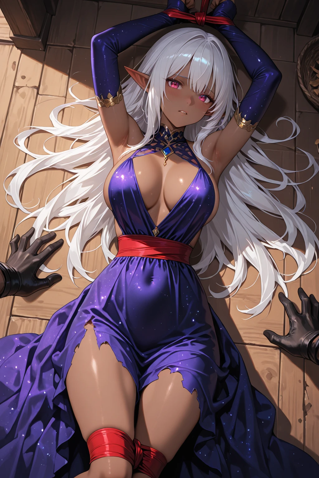 (4k quality), ???? and thin elf, with ??????? out, and with long stockings, and with her panties down, detailed short white hair, detailed red eyes, best quality, expressive eyes, perfect face,