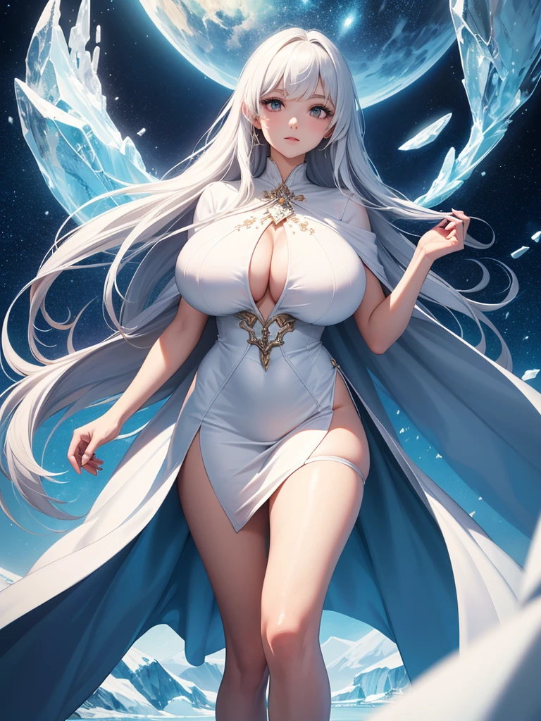 (Paradise in Heaven), White lighting,(muste piece), (best quality), (cinematic), 8K, (art station),(長いwhite hairとSilvery eyesを持つ1人の女), (beautiful delicate face)、[Frozen trees々], [landscape crystal], [lighting], [Ethereal Atmosphere:1.1], [fantasy, short story] ,[soft なlighting] 、(+cinematic shot:1.2)、 [+art station] 、[+luminous white background] 、 [soft glow] 、(Creative and dynamic angles:1.3), [+Crystal Toning] 、muste piece, very detailed, Super detailed, solo, (pale skin), Silvery eyes, white hair, (snow background), (snowflake rosen flower:1.0), (shining crystal), (Snowy ground), (White lashes),  woman、dreamy and detailed, Gorgeous setting, 妖しい雰囲気 muste piece, The most beautiful scenes, majestic、(((full of white flowers)))、quiet and serene atmosphere、attractive, all white tones,Inside the crystal library,Transparent flowers and falling snow，Many white roses are planted,(water flowing,waterfall,water bloom),The decoration is also carefully done.,dream（very detailedです，creative design，crisp and precise lines，K HD，best quality，master piece，超High resolution，In 4K）、Diverse poses、((beautiful white flower hair ornament))、beautiful hairstyle、(best quality, In 4K, 8K, High resolution, muste piece:1.2), Super detailed, detailed expression, graceful posture, expressive brush strokes, mysterious atmosphere, artistic interpretation,Delicate floral jewelry， (((Detailed design、beautiful transparent dress、Sheer  dresses)))、(SFW:1.5), (oversized , best body proportions, proportions of ,:1.5),