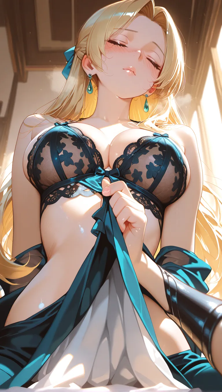 ((highest quality、High resolution、Highly detailed CG Unity 8K wallpaper))、detailed face、perfect body、unparalleled beauty、blonde、beautiful ???????、????、??????、spread your ?????????、Embarrassing ?????? expression、???? dress with detailed decoration、skirt、((no panties))、((((She is lying、after ????))))、(?????????? dripping from the ??????、????????、?????)
