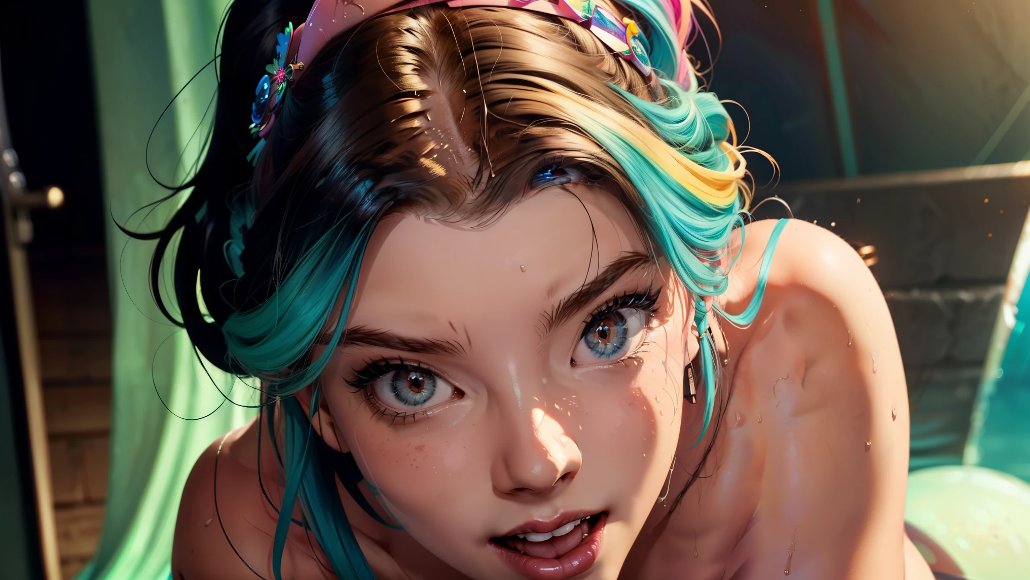 anya15,, , Anya Taylor-Joy completely , , puffy , long neon rainbow hair, heavy make-up, (looking at camera), smiling, full body shot, cute feet, highly detailed, very realistic skin, , , sweaty 23 y/o completely , firm , sweat dripping, hot and sweaty, glistening skin, blush, (((ultra realistic))) Photo, masterpiece, top quality, (Ultra detailed face and eyes:1.3),((Eye makeup)), e-girl, gamer girl, (small Natural ), (Slim waist). ((Film grain)), ultra detailed, freckles, full body view, looking at viewer, full body view, realistic,  with camera, open mouth, oral invitation, strong make-up, she wants to have ,  photo,  atmosphere

there is a woman with a very large  and a very small , to a skinny, close-up shot , very tasty, bottom body close up, viewed , close-up shot taken , photo still of posterior view, full hd, middle close up shot