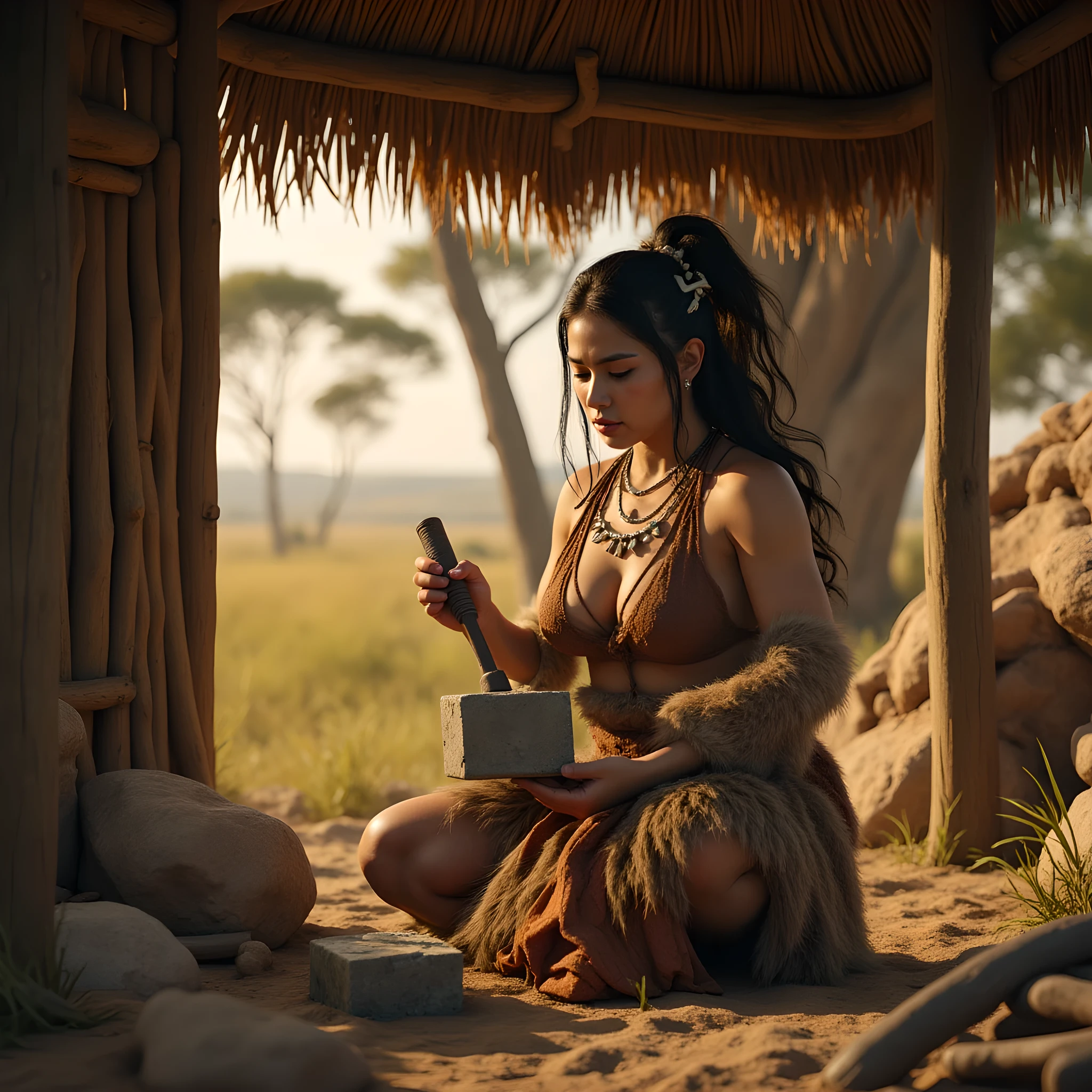 Ancient prehistoric age era, 

((Realistic cinematography ultra wide intricately angle of inside hut shelter scenery)),working body pose,((a primitive female artist folk Tribe carving a cube ceramic stone)),wearing fully long fur primitively fabric kimono fur long dress robe,,as she holding on each hand a stone hammer and a spike tools to carve the cube stone,(beauty),(perfectly depth symmetrical curvy shapely),(cinematic dynamically savana environmental wide camera angle scenery:accurately depicted:1.3),the lively hut shelter depicting scenery,golden hour,realistically full depth,(cinematography dynamic angle|hyperrealistic:realistic scenery:3d texture over the scenery),,summer season,(cinematography vibe),,(dynamic image composition),(octane 3d rendering|50mm lens shot:1.3),(lifelike skin texture:lifelike thick hairs:bone hair ornaments),(best rule of third photography composition),(best image aperture),(full details depth of field),(best shutter speed),(RAW photo image),(photorealistic|photorealism:hyperrealism style),(realistic depth 3d:cgi:1.3),(trending on cgsociety:devianart:unreal engine 5),furry,(best photography:national Geographic style), sandalPunkAi and tikiPunkAi artwork, digital art,best lighting concept,(realistic fixed truly full human anatomy body+hands+and+fingers anatomy),inspired by farcry5 game artwork.