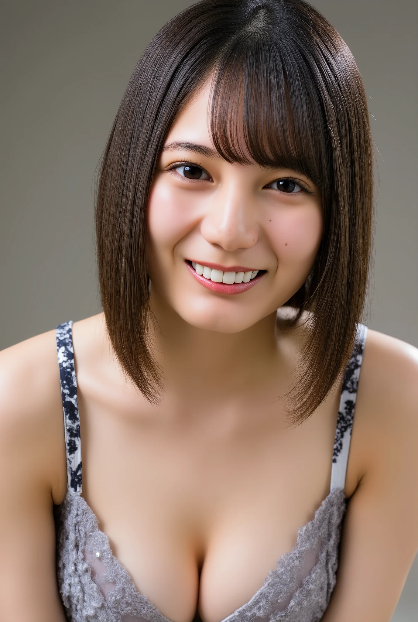 face close-up, high resolution portrait of a Japanese woman, Professional Writing, simple background, shot from the front, upper body, she slouches forward for the camera, she highlights her chest, beautiful breasts, sexy and tight lingerie, smile, looking at camera