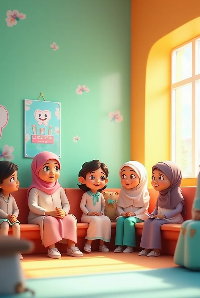 ((3 males sitting)) and ((3 hijabbed females sitting)), caricaturized, cute face, just concentrate, casual fashion, fantasy art, happy expression, extreme detail, masterpiece, cinematic lighting, 4k, indoor background