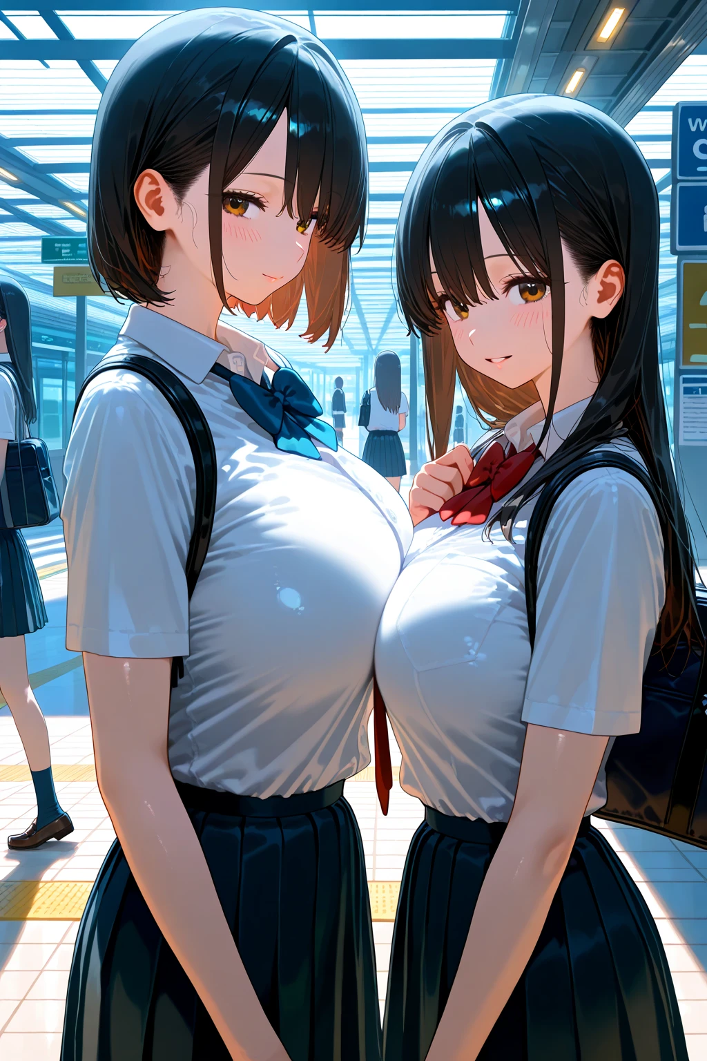 (looking viewer:1.5), 2lady(different hair style and clothes color), ((ultra-quality)), (???????:1.5), (side view), (in 8K), (arms behind back:1.5), (arms are down), ultla highres, Hyper Detailed, High contrast, Ultrafine Strike, creative refinement, absurdres, Realistic, extremely detailed CG unified 8k wallpaper, Highly detailed, High-definition raw color photos, professional photograpy, Realistic portrait, Cinematic Light, Beautiful detailed, 28 years old woman, (realistic skin:1.3), (shiny skin), (Best Quality:1.4), Super Detail, High quality, ​master piece, lifelike, (After ???), ???????, Perfect face, (??? on ?????:1.3), (???????:1.3), (??? on body:1.3), (Sharp Focus), (upper body), (close up), Delicate Beautiful Hair and Eyes and Face, Delicate eyes, radiant eyes, Lifelike, Hyper-detailing, (Wearing a dark sailor uniform:1.3), (school costume), (dark sailor collar), (black japanese school shirt), (no tie), (pleated skirt), (Sheer ??????), (colossal ???????:1.6), (?????????????:1.65, (Beautiful ???????:1.5), (covered ???????:1.5), (arms behind back:1.3), Beautiful cute woman, ????????? details, (SFW), wet clothes, pale black eyes, (dark bob hair), (ponytail), (asymmetrical bangs),