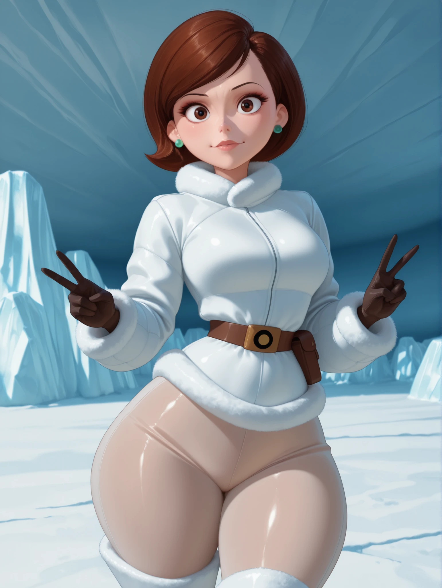 Helen Parr , mature female, medium hair, Bob_cut, brown hair, brown eyes, big eyes, long eyelashes, medium breasts, narrow waist, thick thighs, huge hips, fair skin, thin hands, earrings, makeup, pink lips, lipstick.| score_9, score_8_up, 1girl, solo, looking at viewer, hires, detailed, iceberg background, parody, cowboy shot, prominent eyelashes, (cellulite:0.8), fur-trimmed jacket, long sleeves, belt pouch, utility belt, gloves, winter clothes, parka, fur trim, fur boots, beads, black sheer pants, see-through pants, cosplay, v, Cute expression,