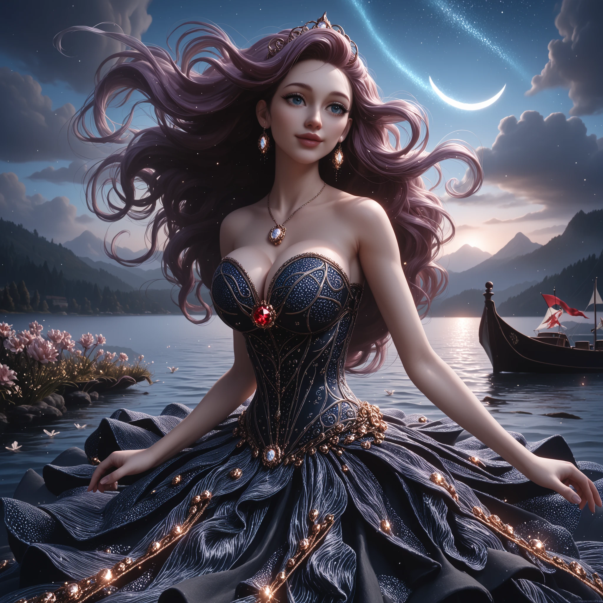A woman with , dressed in a tight, ornate, glittering ball gown, a dress formed from a galaxy ,stands before a serene, fantasy-like landscape. Her dress, tight armor corset dress,, shimmering in rich shades of black and white, is adorned with sparkling jewels and intricate gold patterns, creating a sense of celestial elegance. Her long, flowing hair flows in gentle waves, as if animated by a gentle breeze, complementing the mystical atmosphere of the scene. In the background, the expanse of a large, tranquil lake reflects the setting sun, illuminating a pair of distant peaks and casting a golden hue across the sky. A crescent moon hovers near the luminous sphere above the pristine mountain terrain. Nearby, a traditional Gondola-style boat with a red flag glides silently across the lake's surface. This enchanting tableau, with its blend of magic and beauty, conveys an atmosphere of fairytale wonder and serenity.