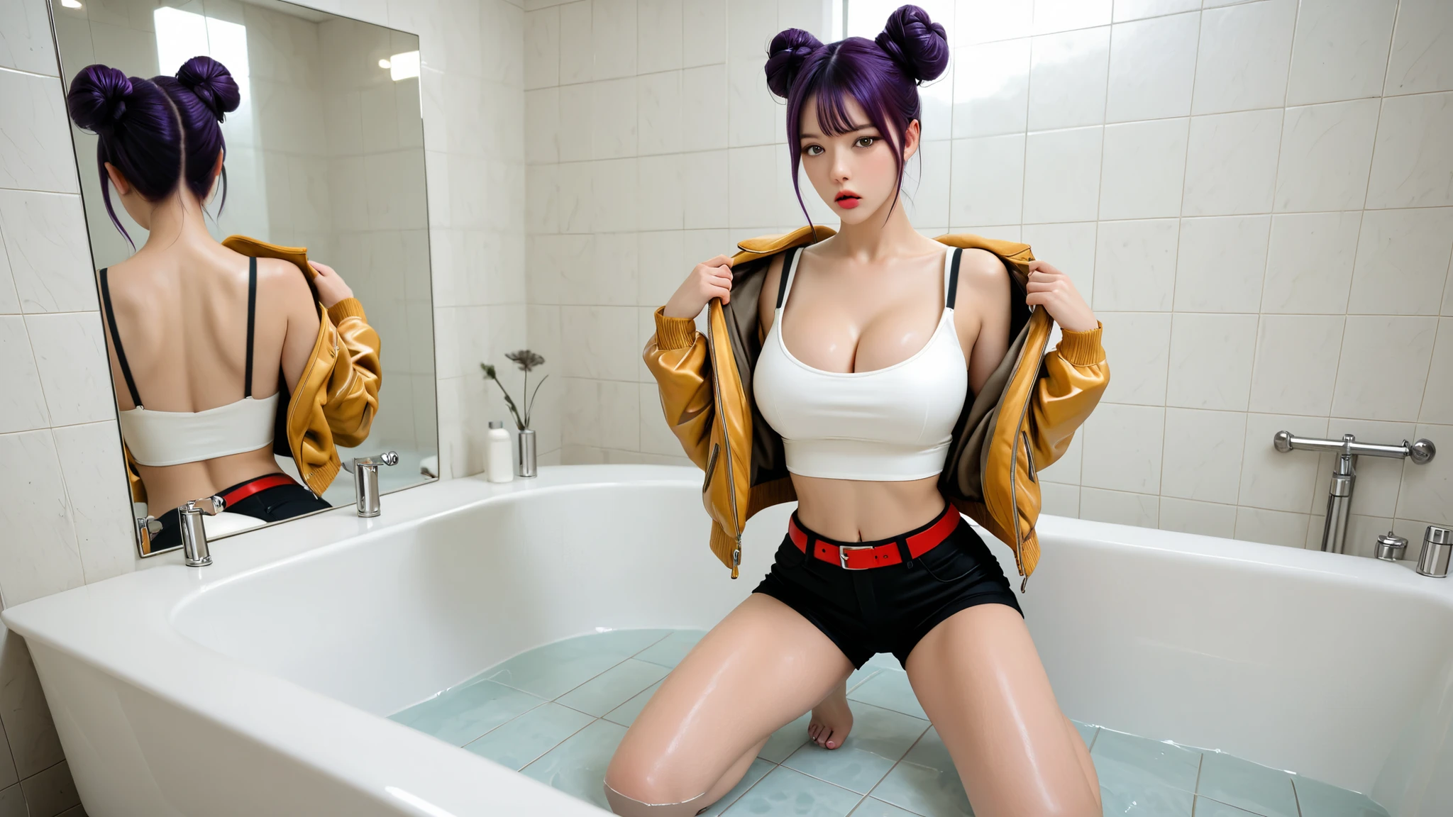 Two beautiful, stylish girls in a bright, modern bathroom with a bathtub.
They are kneeling on a clean white tile floor in a stylish and confident pose.
The girl on the left has short black hair tied in two buns, wearing a teal crop top with black straps and wide-leg yellow-green pants with fringes, holding bright neon blades.
The other girl has long purple hair braided into 1/2 buns, wearing a yellow-black bomber jacket with dragon motifs, a white crop top and black shorts with a red belt.
Both girls look seductive, with slightly lewd and strong facial expressions, with cinematic lighting and high detail.
The bathroom background includes a bathtub, mirror and bright white light with a slightly glossy reflection effect.
Super detailed, digital art, 8k, 3D style, cinematic, style. by real person
Masterpiece, best quality, excellent quality, 4K, very aesthetic, high resolution, extremely detailed, perfect face, exquisite, realistic, breasts, natural skin, charming skin and big round eyes, brown eyes, charming cleavage