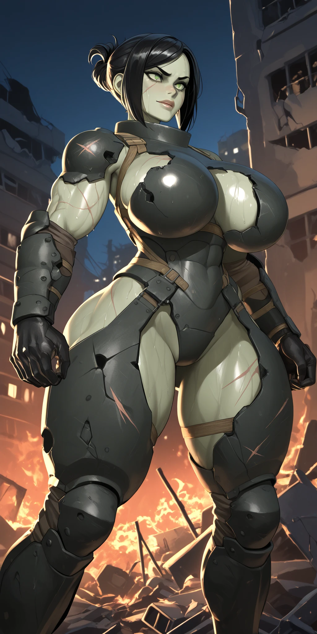 Bakunyuu A-Mecha Musume full body (((EVA-01 colors)))  body stand pose (((hair short))) (((two colors))) style retro anime stand pose  black and yellow 100000000000000000000sexWolf🐺
