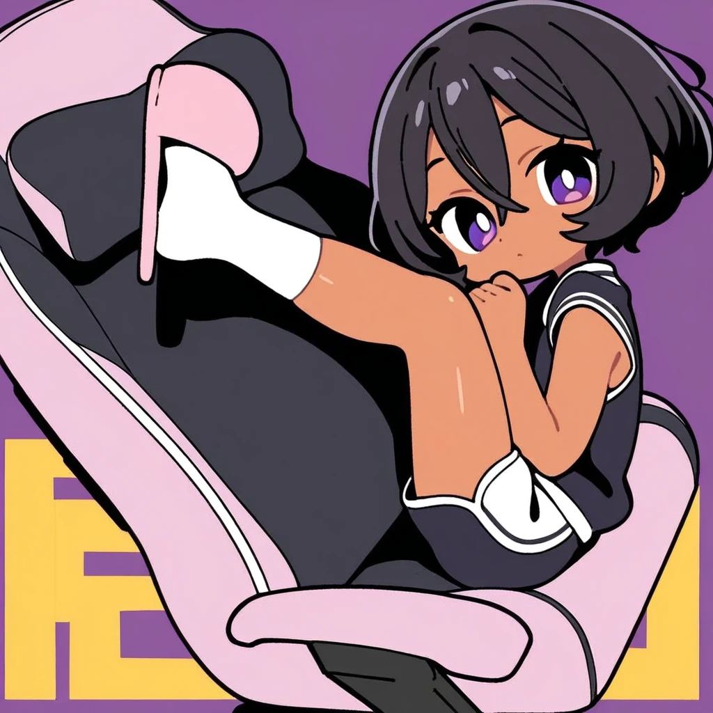 1girl, himawari, tight yellow hoodie, short pink skirt, tight black stockings, thick and juicy thighs, round and extremely fleshy  cheeks, wide , indoors, masterpiece, best quality, detailed  