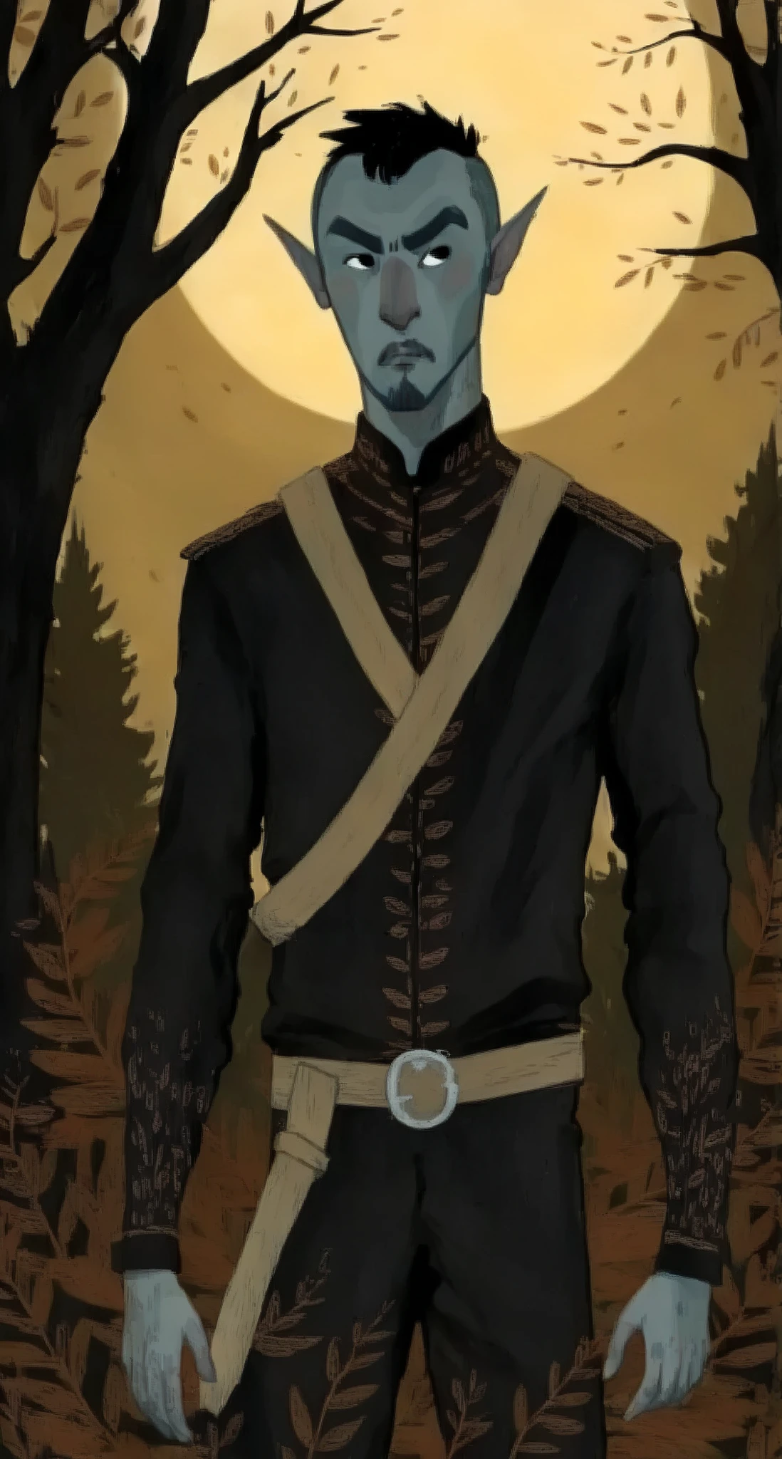 portrait, digital illustration of 1boy, solo, handsome male dunmer, 2D ART, hyper detailed gouache painting, illustration, gougoupaintleaves style, dark elf, black eyes, black_sclera, detailed face, handsome features, dark medieval tunic, pointy ears, standing in a dark forest, pov from_below, frontal full body shot, on simple white background, full body shot, very detailed, ren's picture books, dumner