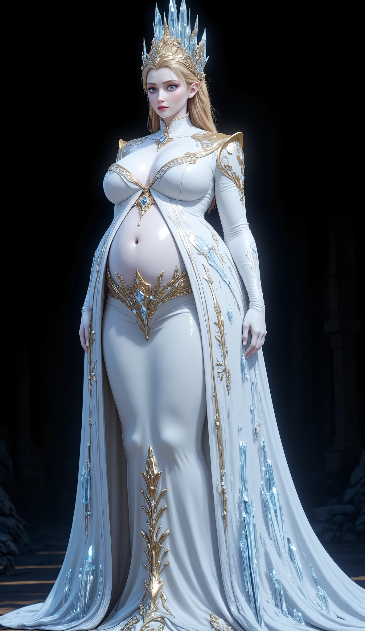 Frozen - Elsa, Blonde, Scandinavian beauty, Ice Beauty, Super voluptuous body,super plump body, Super voluptuous body ,pregnant woman(Very fat white pregnant woman with 9-month-pregnant belly)Extremely Long Legs ,pregnant woman,pregnant woman, pregnant woman,Background:black一色(black:2.0, darkness:2.0, No lights),pregnant woman, sophisticatedセクシークイーンGold Rimmedロングドレス(Gold Rimmed, Suede Fabric, ankle length long dress, sophisticated),Ice Decorated Outfit, Frozen - Elsa