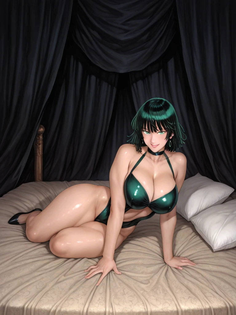 masterpiece, photoreal, high definition, slim waist, long legs, wet skin, huge ???, ????????????, masterpiece, best quality, absurdres, perfect ???????, 1girl, solo, Tatsumaki, (1990s \(style\), green hair, short hair curls, smile, maid outfit, white thigh highs,  legs spread, on bed, covered in ???, wet skin, ??? drip, ???????, ???????????, ??? on face, ??? on ????, open mouth