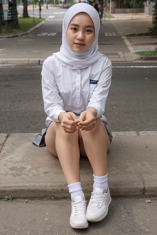 RAW, Best quality, high resolution, masterpiece: 1.3), Beautiful young indonesian girl, wearing hijab, big , ??? pose, squat sitting showing ??????, ????????? showing ??????, ????, creamy ??????, ????? on ??????, on a top,  ((senior high school tight clothes)), ??????, highres, 4k, HDR, 1girl, realistic, ???????????, wearing hijab, expression of pain, ((close eye)) ((whole body)) turning away facial at viewer, closeup, school building background.