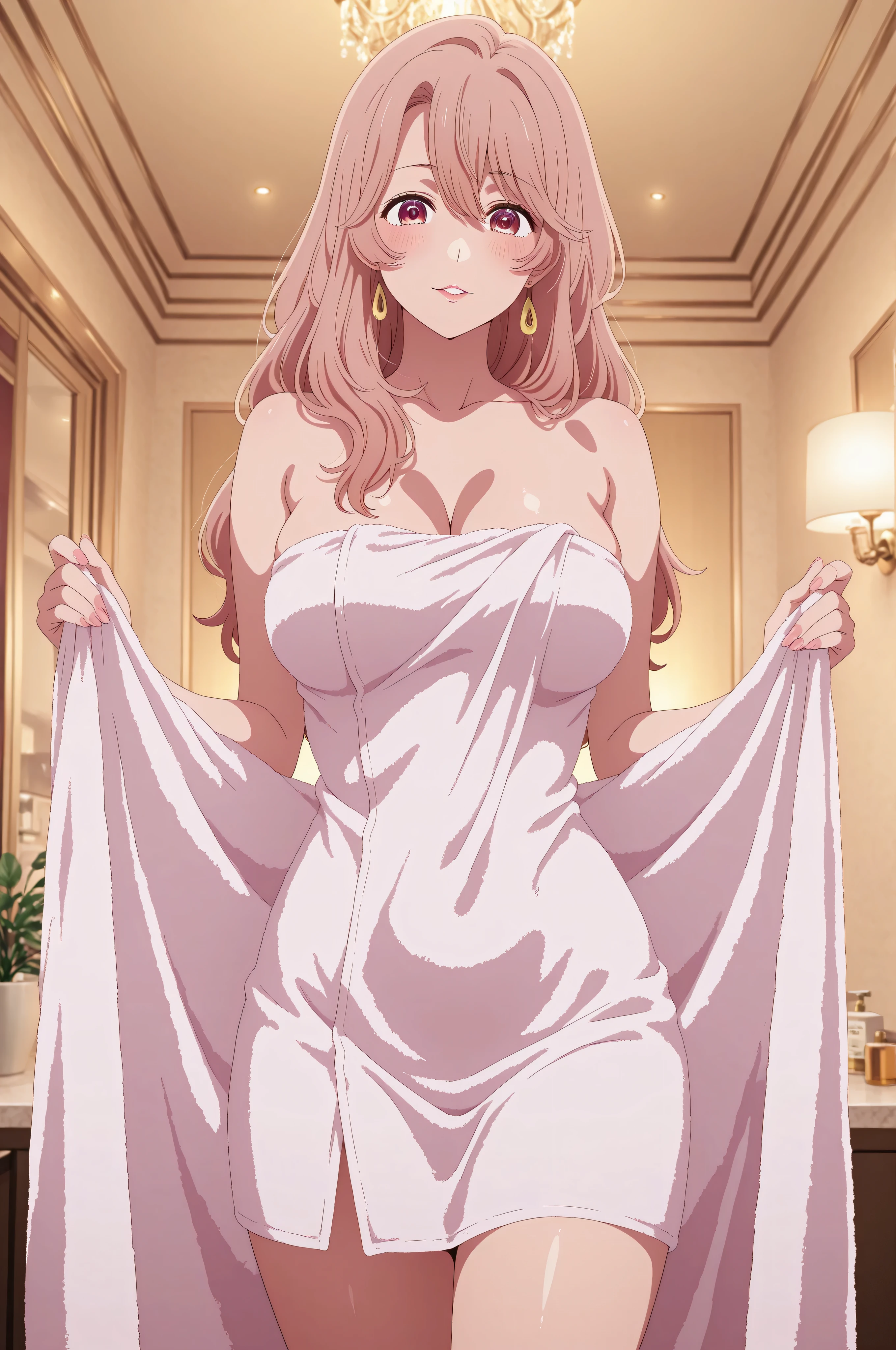 perfect eyes:1.2, detailed eyes:1.4, hall, smile, chandelier, Kurayoshi_R, cleavage, ?????????????, ???, white dress, pelvic curtain, medium full shot, thigh-level shot, 1girl,(masterpiece:1.6, best quality),