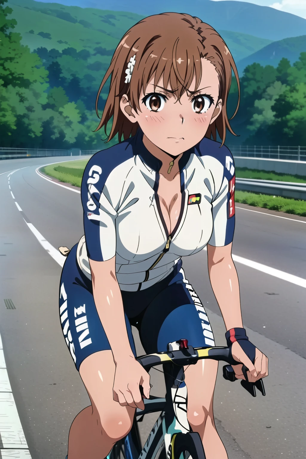 (masterpiece, best quality, high resolution, 8k:1.2), (anime coloring:1.2), highly detailed, beautiful eyes, perfect eyes, fine eyes, brown eyes, featuring big highlights, detailed face, highly detailed, fine eyes, symmetrical eyes, one girl, alone, Misaka Mikoto, brown hair, short hair, hairpin, (small breast), slim body, (beautiful face), looking at the viewer, Incredibly absurd, Ultra-high resolution, RAW Photos, (Depth of Field:1.2), Ultra-detailed eyes, Glowing Skin, blush, Sigh, (Practical、photo Practical、Motion Blur:1.2)、(Must have Large Breasts、Large Breasts、cleavage、 Fit body:1.2)、((Always colorful and very shiny road bike racing jerseys、A beautiful female cyclist,Always be energetic on your bike during road races.:1.3)), (Vibrant colors、vivid lights、Scenic mountainous area、Smooth pedaling action、Rat race、High performance road bike:1.3), dutch angle, looking at viewer,