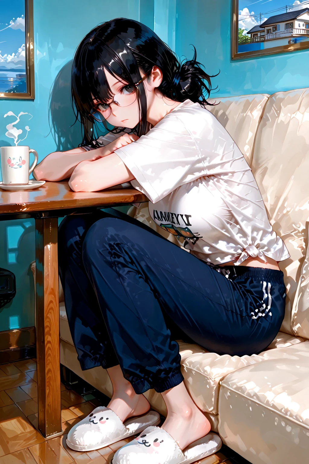 whole body, solo, alone, delicate  features, medium tits, medium hair, black hair, tearful mole, earring, tracksuit, shorts, bed,