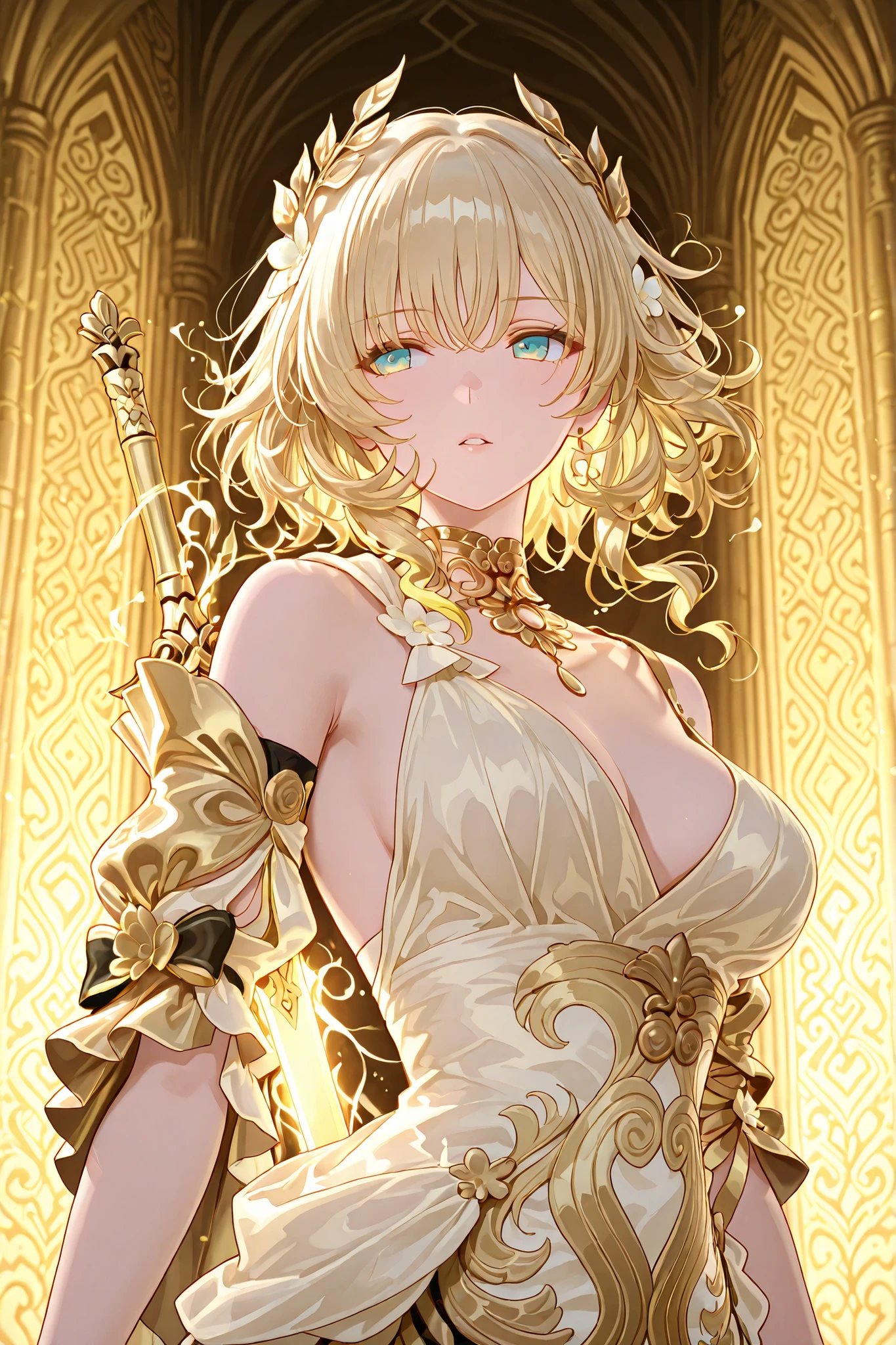 Character: Aglaea, upper body focus, holding a slim golden longsword elegantly, captivating and graceful expression, flowing hair with detailed strands, tasteful yet alluring outfit with subtle armor accents, shimmering golden highlights, delicate magical golden threads swirling gently around her and the sword, soft cinematic lighting with reflective golden glow, standing in a majestic golden temple with intricate carvings and glowing aura in the background, digital anime-style illustration, vibrant colors, smooth shading, highly detailed, portrait composition, emphasis on beauty, elegance, and fantastical atmosphere, clear lineart, painterly yet crisp digital finish