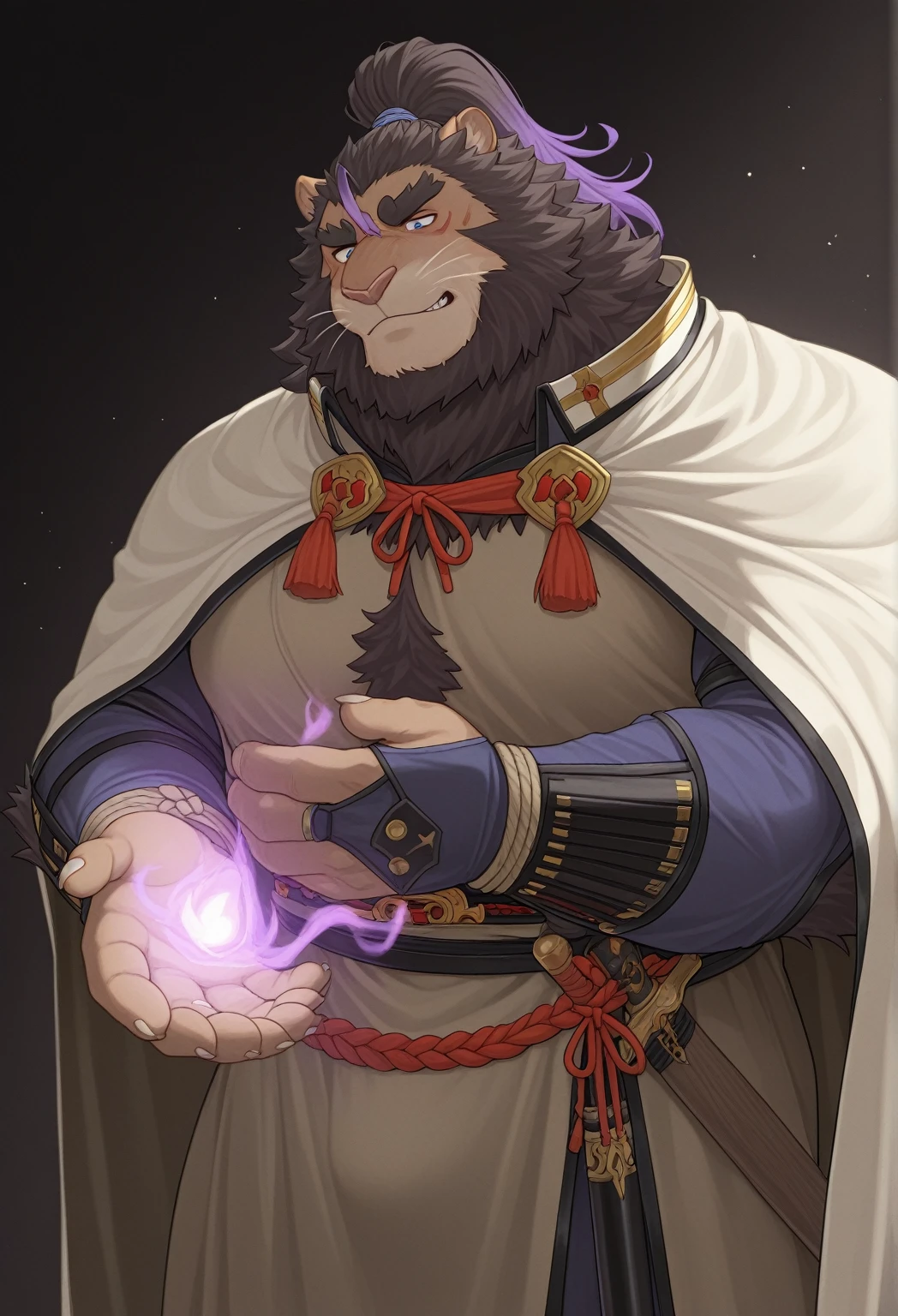 head、Animal cat face、A pair of dragon horns，Fluffy white hair all over the body、Heavy breathing、Gnashing of teeth,Serious expression,Muscle tissue、 (Strong, Muscle Man:1.2), wildcat、blue eyes，(contour）The whole body is covered with long white hair、Hairy body、Fangs、Holding a book，Sitting，Sharp claws、Capture the composition of the whole body、Blue robe，（Messy 1.4），(())， (White bath towel)，(())，Standing by the hot spring，Ultra-clear，high quality