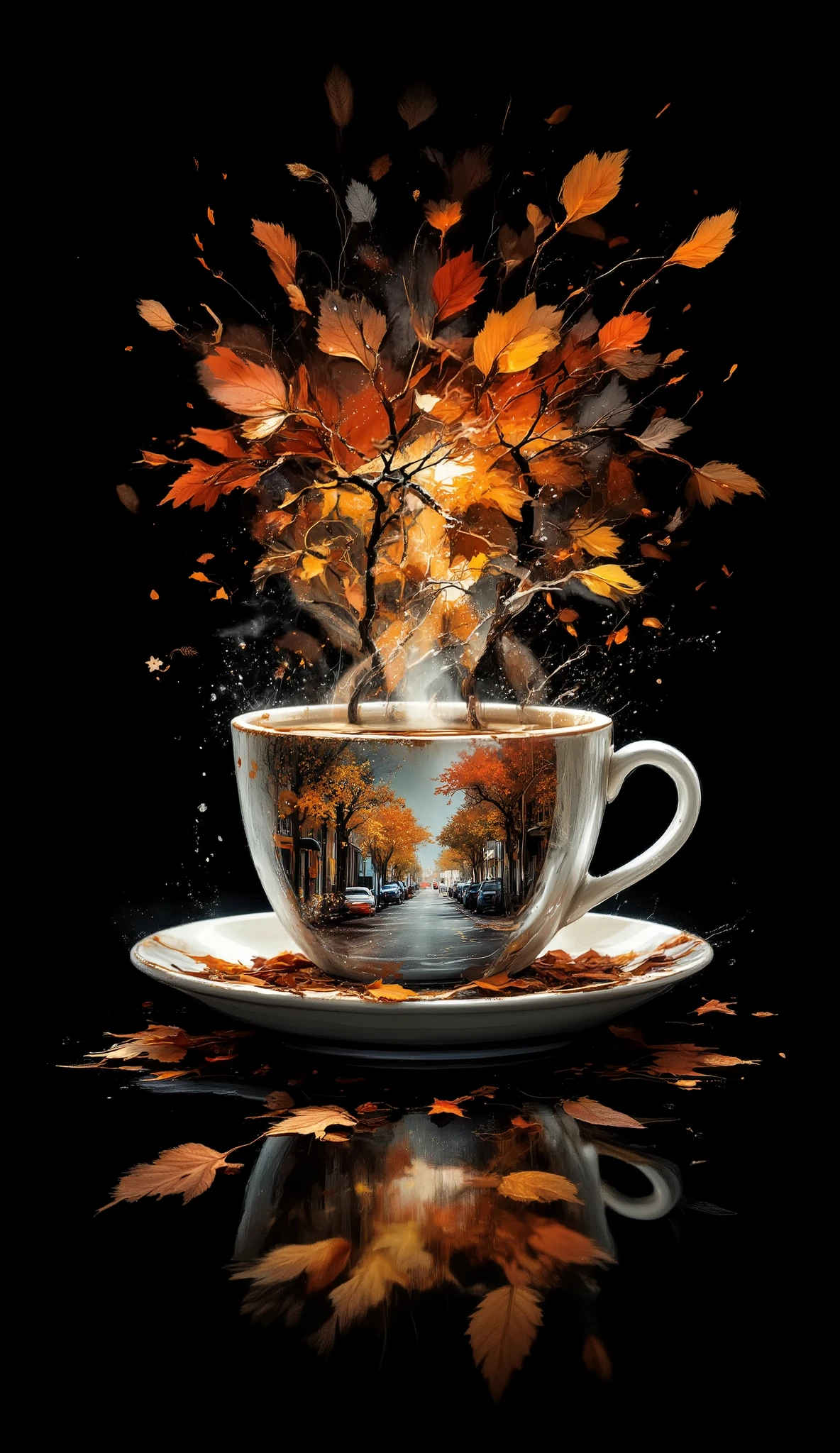 masterpiece, best quality, Jeddblexp,double exposure, blended coffee cup, double exposure with autumn leaves and city street , no humans, black background