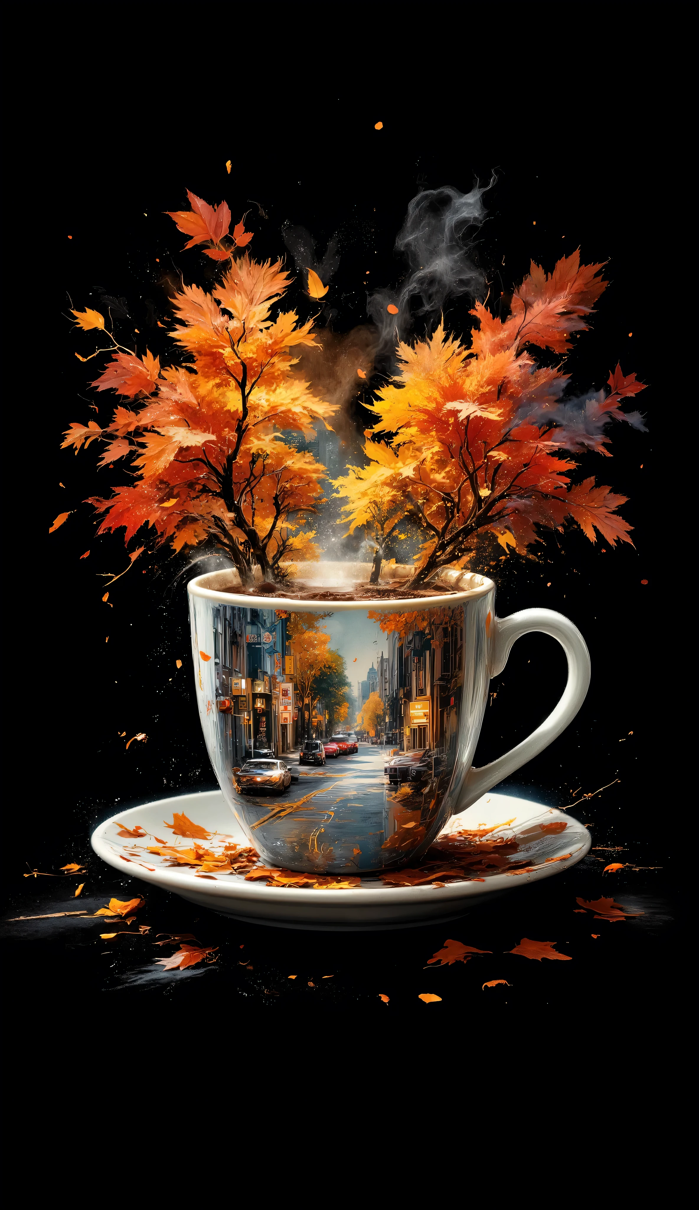 masterpiece, best quality, Jeddblexp,double exposure, blended coffee cup, double exposure with autumn leaves and city street , no humans, black background