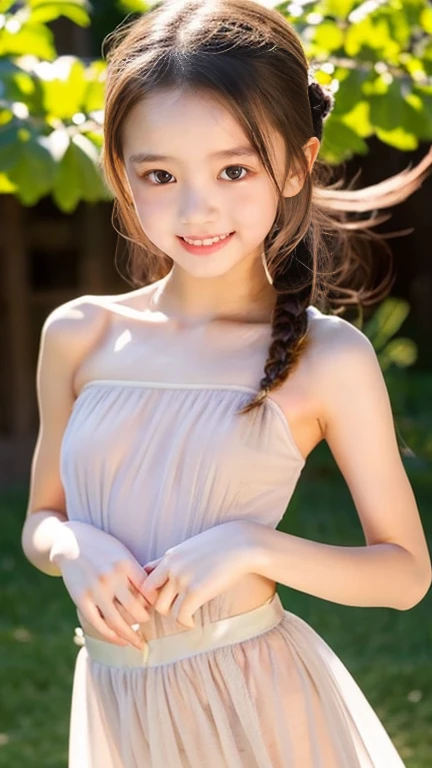 1 pretty girl，white skinned，brown  hair，summer dress，looking at viewer，pony tails，Cafe，Brown eyes，Realistis，small chest，Medium breasts，happy smile，low chest，Above the knee frame