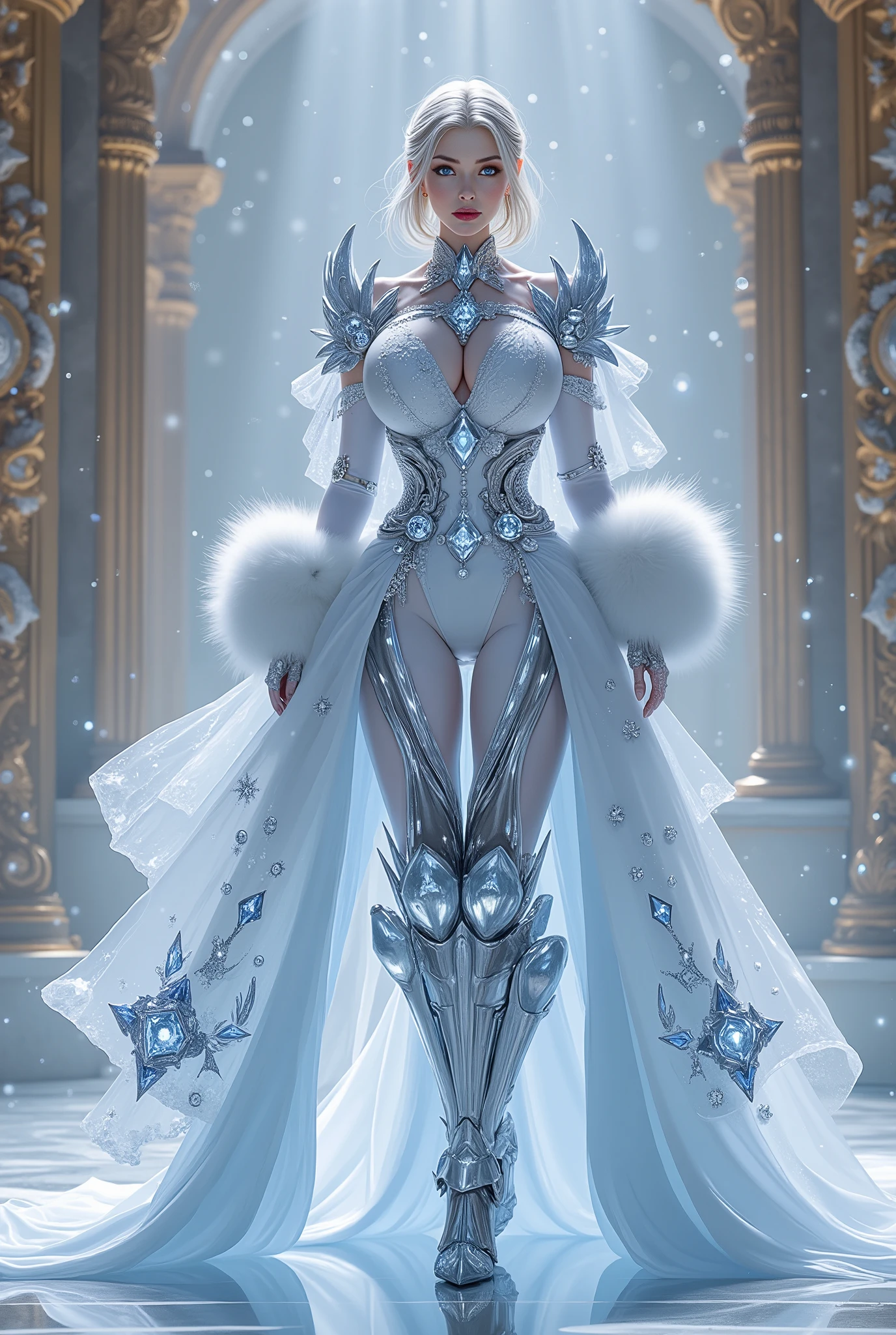 In the gilded halls of the Eternal Yule Palace, the Diamond Herald announces the arrival of winter's magic. Her high-collared coat of shimmering white fabric is covered in diamond and sapphire crystal patterns, mimicking icy frost creeping across glass. A silver fur trim accents her cuffs and hem, and her mechanical limbs glint with platinum and diamond inlays, resembling polished ice. Her pale blonde hair is styled into an intricate updo, with strands of diamond crystals woven throughout, and her piercing blue eyes reflect the grandeur of her surroundings. She strides confidently across the marble floors, her steps echoing in the sparkling halls.