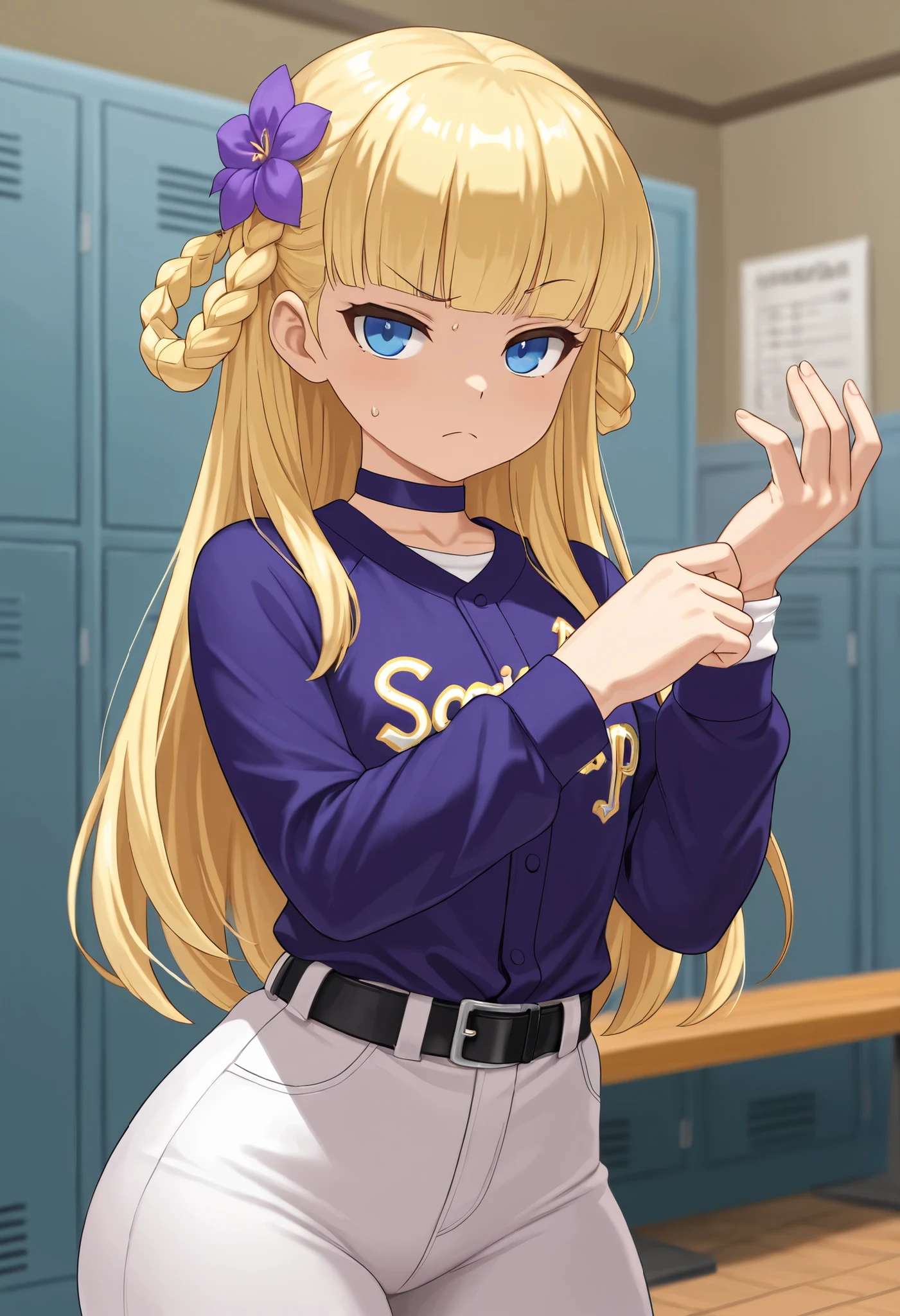 Pacifica Northwest, flat breasts, flat chest, skinny, huge hips, long hair, blonde hair, choker , | score_9, score_8_up, score_7_up, faux figurine, nendoroid, full body, figure, platform, solo, Anime, 1girl, masterpiece, best quality, high quality, high resolution, highres.|| masterpiece, best quality, 1girl, solo, hair flower, braided hair ring, baseball jersey, baseball uniform, long sleeves, undershirt, white pants, sweat, indoors, locker room, locker, bench, adjusting clothes, adjusting gloves, upper body, belt buckle, shirt tucked in, looking at viewer, serious, frown, raised eyebrow, closed mouth