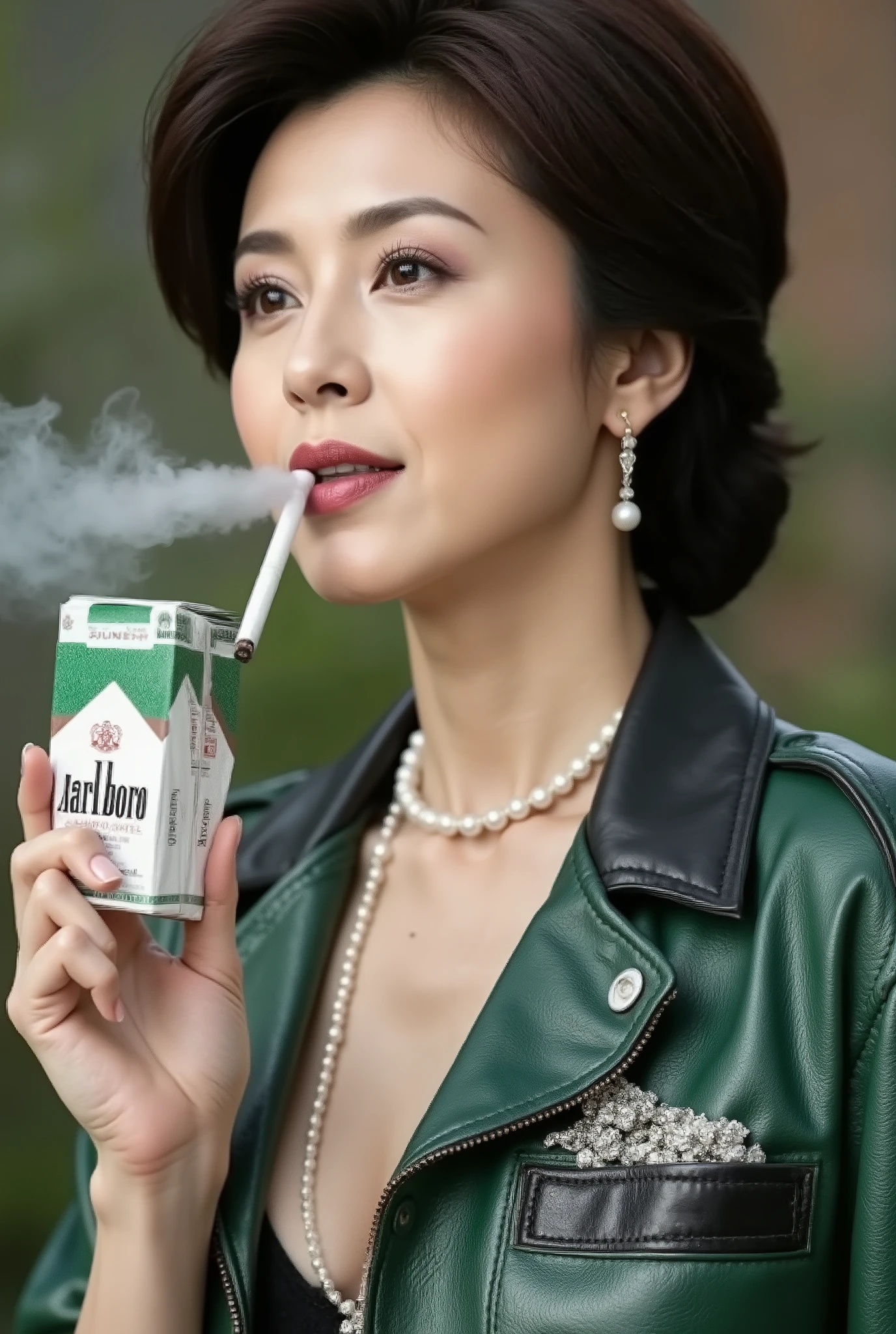 Close-up portrait of an attractive 50-year-old Japanese woman exuding elegance and sensuality. (Smoking: 0.8), ((Cigarette in mouth)), ((Hyper-realistic image of a green and white Marlboro Menthol pack)), ((Marlboro Menthol pack in breast pocket)), ((Holding a Marlboro Menthol pack in hand)), ((Green and white Marlboro Menthol pack between chest and cleavage)), ((Exhaling large amounts of cigarette smoke))(((((Hyper-detail, ultra-clear, ultra-high quality, high-resolution, exquisite detail, exhaling smoke from mouth and nose))))), wearing a metallic green and black Marlboro leather patched racing jacket and Marlboro leather patched racing pants. (Chanel Caviar Skin Black Matelassé Chain Bag) She wears luxurious pearl jewelry, including a multi-layered pearl necklace and drop earrings. Her bold makeup features smoky purple and silver eyeshadow, sharp winged eyeliner, and a glossy berry-red lip. Her thick, voluminous eyelashes complement her striking look. Her traditional Japanese updo is accessorized with a silver and pearl hairpiece. The high-resolution image features realistic textures, soft shadows, and a simple yet elegant background.