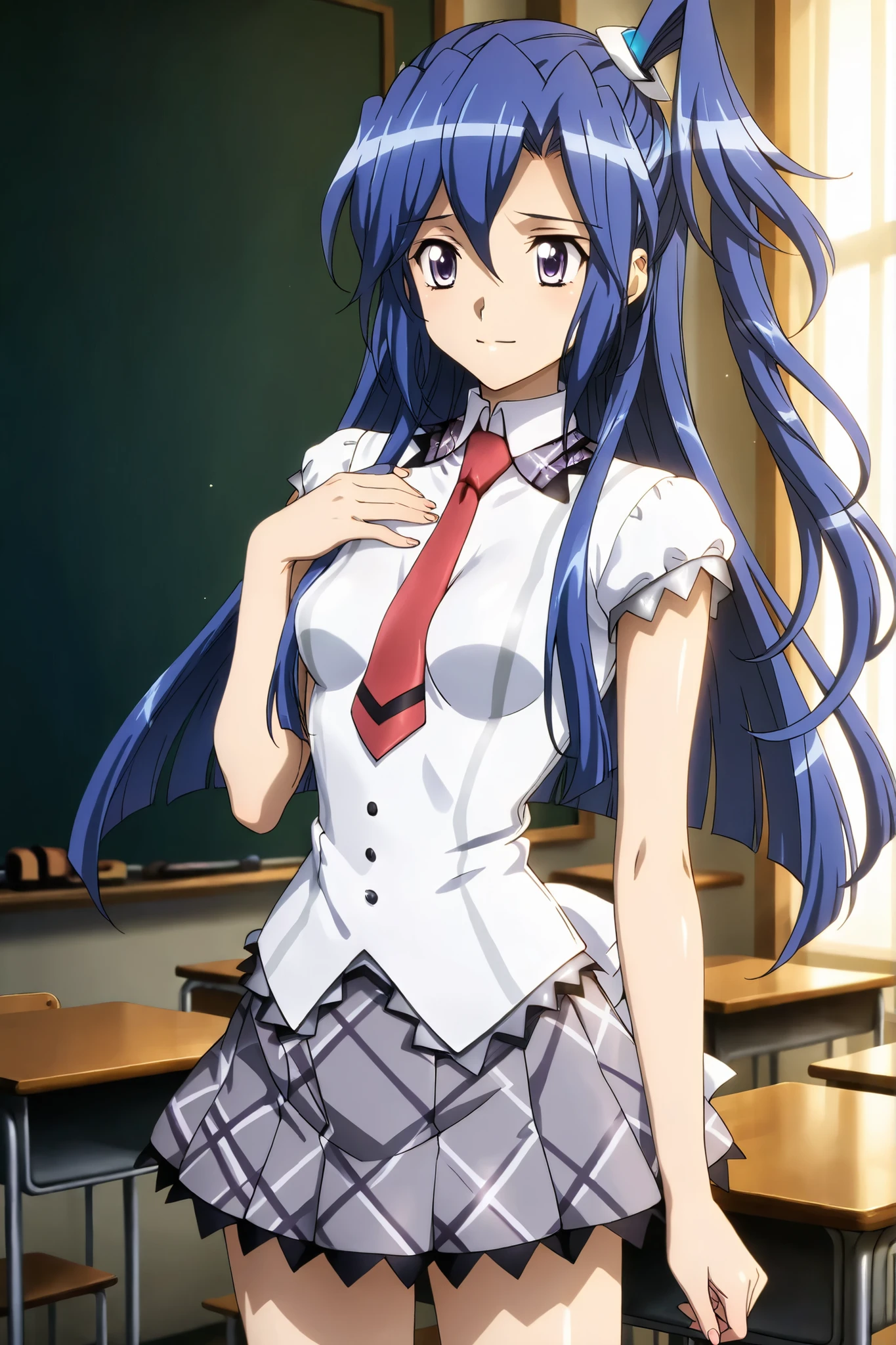 (solo),symphogear , Kazanari Tsubasa , Tight waist、Small waist、shiny Skin , school_uniform, shirt, short_sleeves, pleated_skirt, red_necktie,upper body,light smile,