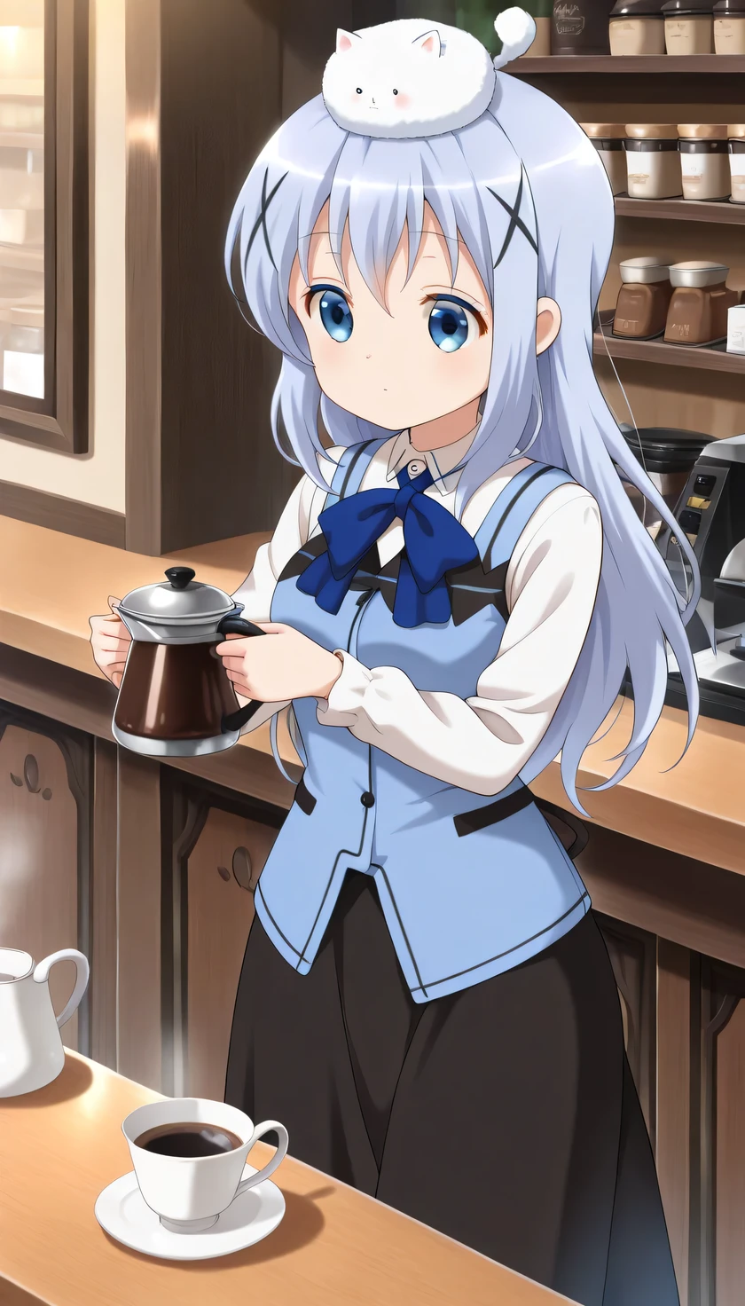 {{{masterpiece}}}, (best quality:1.5), (ultra-detailed:1.5), {illustration}, {{an extremely delicate and beautiful}}, (beautiful detailed eyes:1.2), absurdres, highres, extremely detailed face, 16k, hd, visual anime de uma jovem mulher, extremamente bonito rosto de anime, anime melhor garota, (perfect hands, perfect anatomy), anime face, Chino Kafuu(Gochuumon wa Usagi desu ka?), c-chino, 1girl, solo, cute face, (periwinkle hair:1.3), (long hair:1.2), x hair ornament, bangs, sidelocks, round face, big eyes, (blue eyes:1.2), (High resolution eyes, Beautiful eyes, Light in the eyes), flushed cheeks, short of a person, medium breasts, big hips, curvaceous, BREAK, (blue vest:1.2), tuck out, blue bowtie, collared shirt, white shirt, long sleeves, black skirt, (long skirt:1.2), flared skirt, blue lining, white socks, crew socks, BREAK, 1girl, solo, smiling, expressionless, animal on head, brewing coffee, indoor, coffee shop, antique coffee shop, counter table, upper body