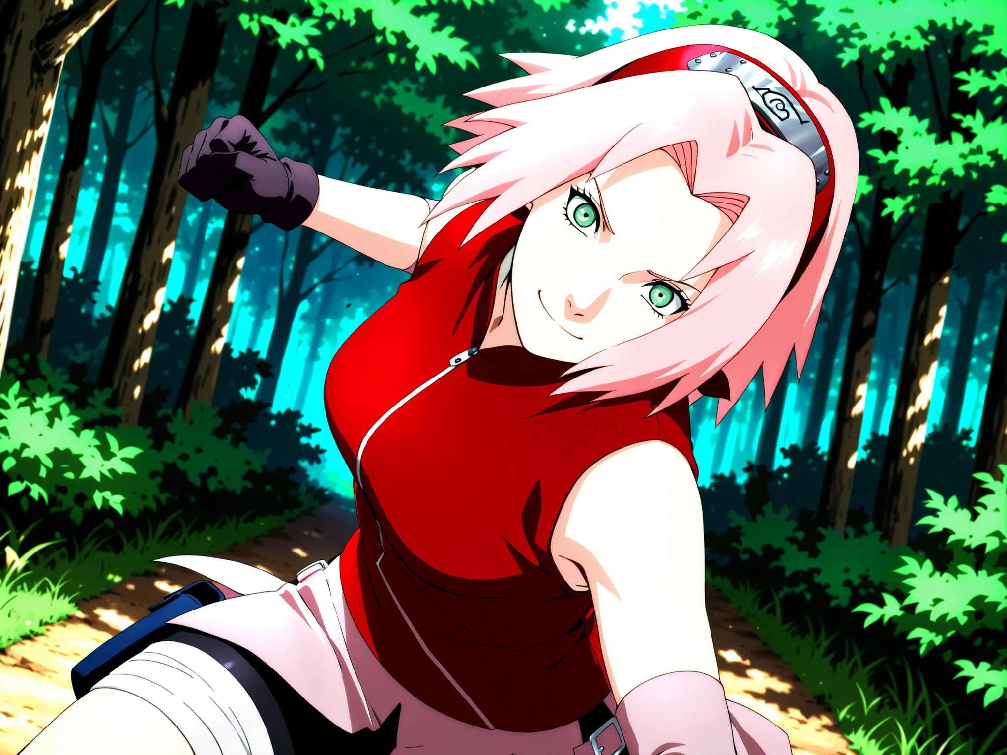 8k, highres, novel illustration, best quality, masterpiece, highly detailed, solo, {{solo focus:1}}, milf, older girl, 1girl, haruno sakura, pink hair, short, hair, green eyes, forehead protector, sleeveless, red shirt, bike shorts, shorts, black gloves, {{upper body focus:0.5}}, {{standing}}, dynamic pose, looking at viewer, determined expression, standing, smile, cowboy shot, outdoors, closed mouth, forest