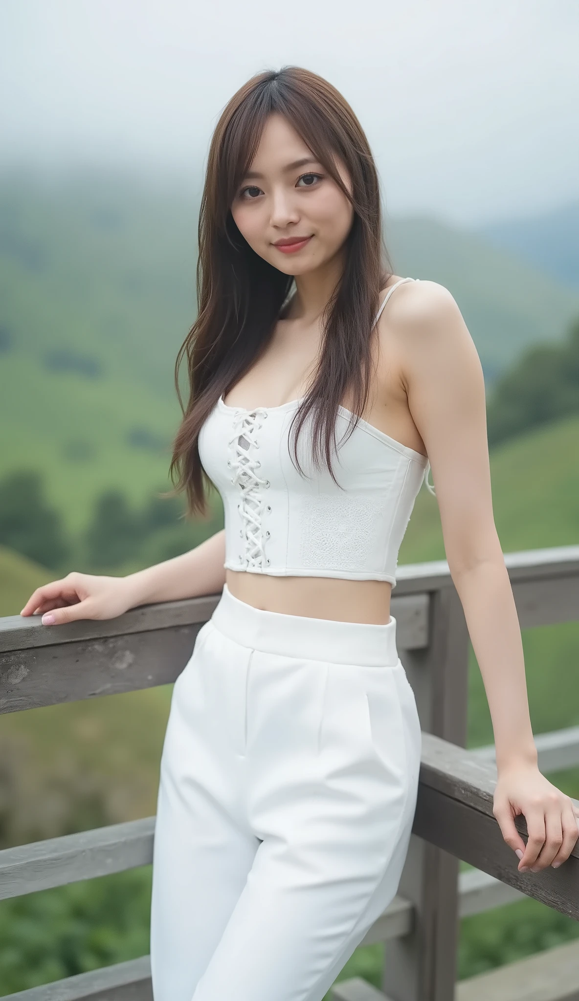 A young woman poses outdoors in a misty, green landscape, wearing a white lace-up corset top and fitted white pants. Her long dark hair flows gently in the breeze as she leans against a wooden railing. The soft, overcast light adds a serene atmosphere to the scene.