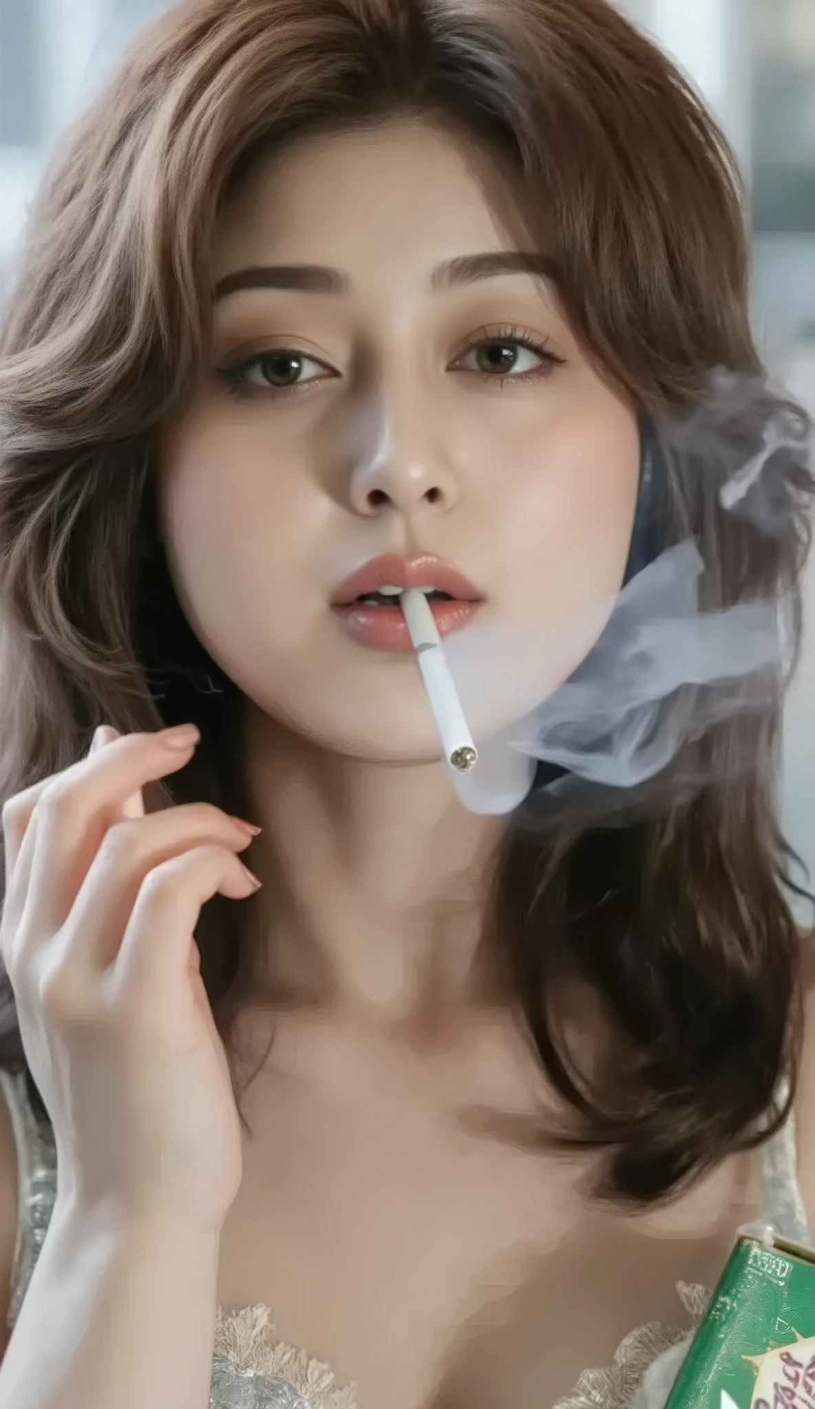 Professional close-up portrait of an attractive 40-year-old Japanese woman. ((((Norika Fujiwara)))))), ((Professional close-up of face)), (((((Ultra-high resolution, ultra-clear, super-resolution, high-resolution, ultra-realistic image of a green and white Marlboro Menthol pack))))))), (((((Realistic smoke coming out of the mouth and tip of the cigarette . ))))), (((((((Cigarette in mouth, smoking)))))), (((((Realistic smoke coming out of the tip of the cigarette))))), ((((Cigarette in mouth))))), ((Ultra-high resolution, ultra-realistic, detailed brown filter cigarette with bright red lipstick)), (((Ultra-clear, ultra HD, high-resolution, high-quality, detailed, heavy smoke coming out of the mouth and nose)), Photorealistic, (((32K quality)), ((Ultra-realistic)), Japanese MILF. Beautiful actress. Real person, curvaceous and tall. Medium brown hair. Beautiful legs. Captivating smile. Elegant makeup. Bright red sticky lips (anatomically correct), bright red nails, (((((Smoking: 0.8)))))), (((She smokes a lot of brown filter cigarettes)), ((((She has a Marlboro in her hand)), (((She has a pack of menthol cigarettes))))))), ((((Chanel Matelasse 23 Double Flap 1st Series Crocodile Black Gold Chain Shoulder Bag Black 1144-5)))), ((Chanel Vintage 95A CC Logo Leather Jacket #40 Black Gold Button Pocket)), (Chanel Black Camellia Appliqué Leather Pants), (Chanel Pearl Necklace), ((Chanel CC Argento Crystal Grand Bracelet)), ((Chanel Cushion Coco Mark Logo Double Face Wool Cashmere), (Iridescent Cabaret Dress, Bodycon Mini Dress, Shiny Material Camisole) Sexy), Gold Panties, Garter Belt, Iridescent Lace Chanel Leather Bra, Chanel Pearl Necklace, Chanel CC Argento Crystal Grand Bracelet, Large Breasts, Glowing Skin. Focus on Face, (Excellent: 1.2), Highest Quality, (Best Quality: 1.7), High Resolution, Colorful, Highest Resolution, Dreamlike, Bright Colors, Live Action, Realistic Skin, Pale Skin, Surreal, Japanese Woman, Long Hair, Glossy Hair, Piercing Gaze, Delicate Skin, Sl
