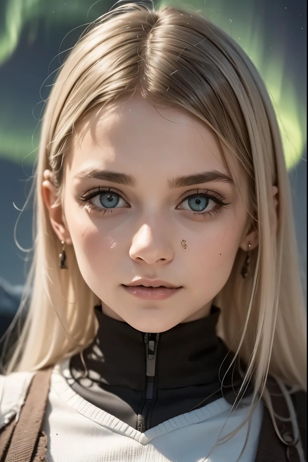 Northern Lights in Her Eyes, A silver-haired woman under an arctic sky, her eyes shine like an aurora borealis revealing her soul.