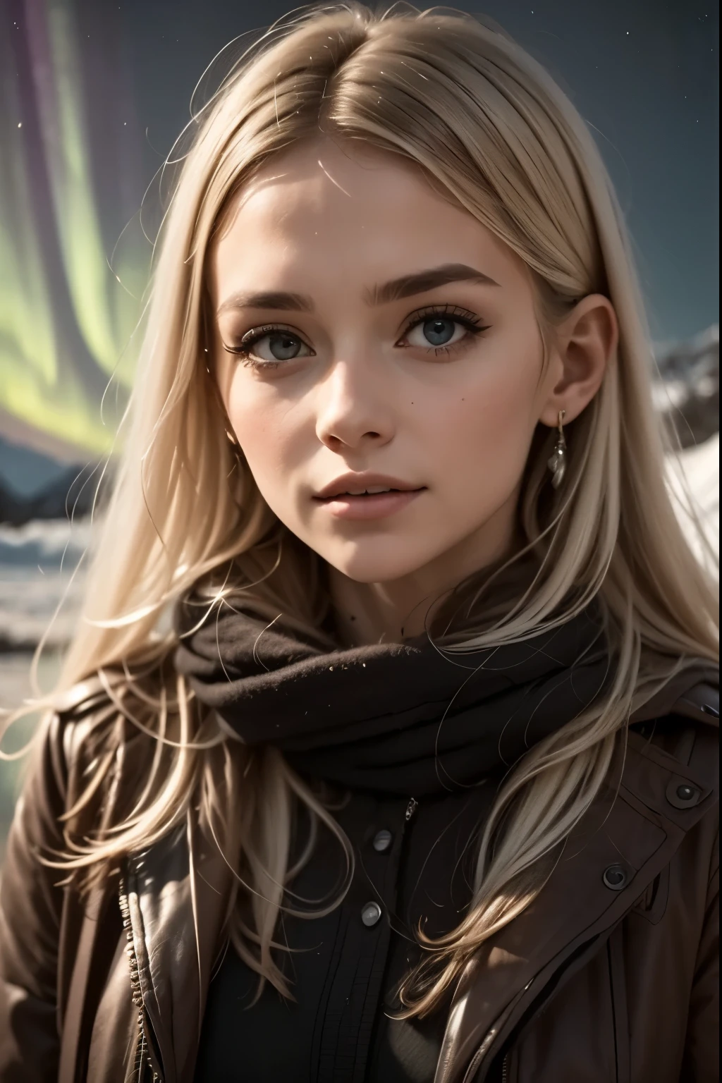 Northern Lights in Her Eyes, A silver-haired woman under an arctic sky, her eyes shine like an aurora borealis revealing her soul.