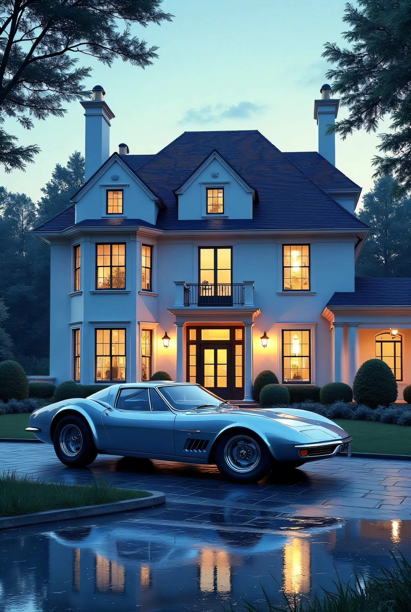 In the evening, a retro sports car stands near a beautiful mansion where the lights are on a real car near a real house