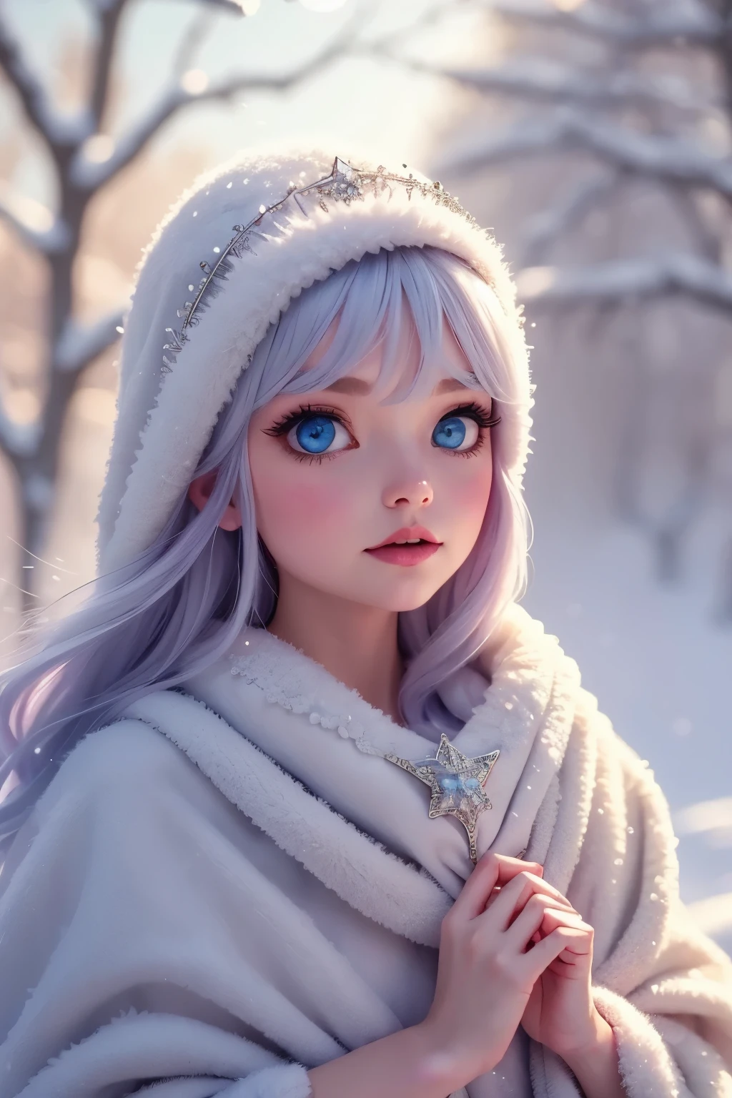 Ice Queen with a Secret. A ruler draped in a cloak of snow crystals, her eyes reflecting a memory of lost love.