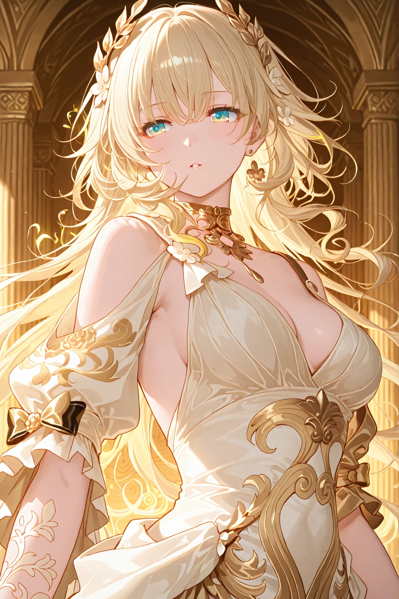 Character: Aglaea, upper body focus, holding a slim golden longsword elegantly, captivating and graceful expression, flowing hair with detailed strands, tasteful yet alluring outfit with subtle armor accents, shimmering golden highlights, delicate magical golden threads swirling gently around her and the sword, soft cinematic lighting with reflective golden glow, standing in a majestic golden temple with intricate carvings and glowing aura in the background, digital anime-style illustration, vibrant colors, smooth shading, highly detailed, portrait composition, emphasis on beauty, elegance, and fantastical atmosphere, clear lineart, painterly yet crisp digital finish