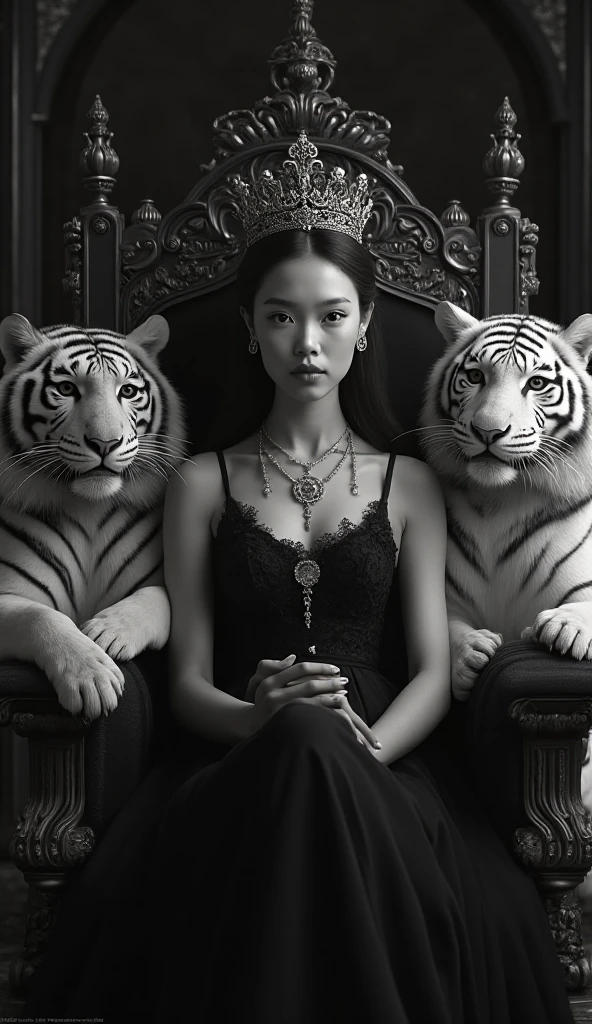 A professional picture of a girl wearing a crown on a royal chair with a white tiger around her. It means that it shines in black and white. 8k resolution