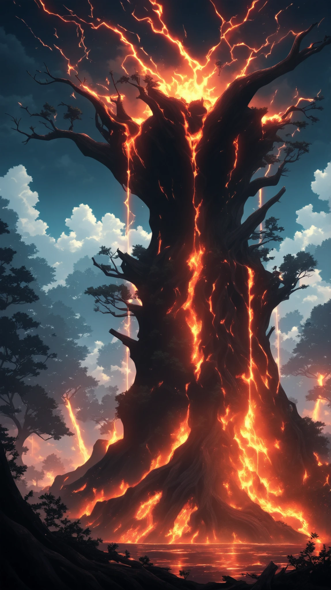 background,volcanic lightning,anime-style, a solitary battle mech patrolling near a wooden watchtower hidden deep in the forest,  
molten ash falls from the clouds lit by fiery lightning strikes,  
its surface reflects brief flashes of light,  
tree roots twist around its legs as it surveys the environment, cinematic mood, high resolution