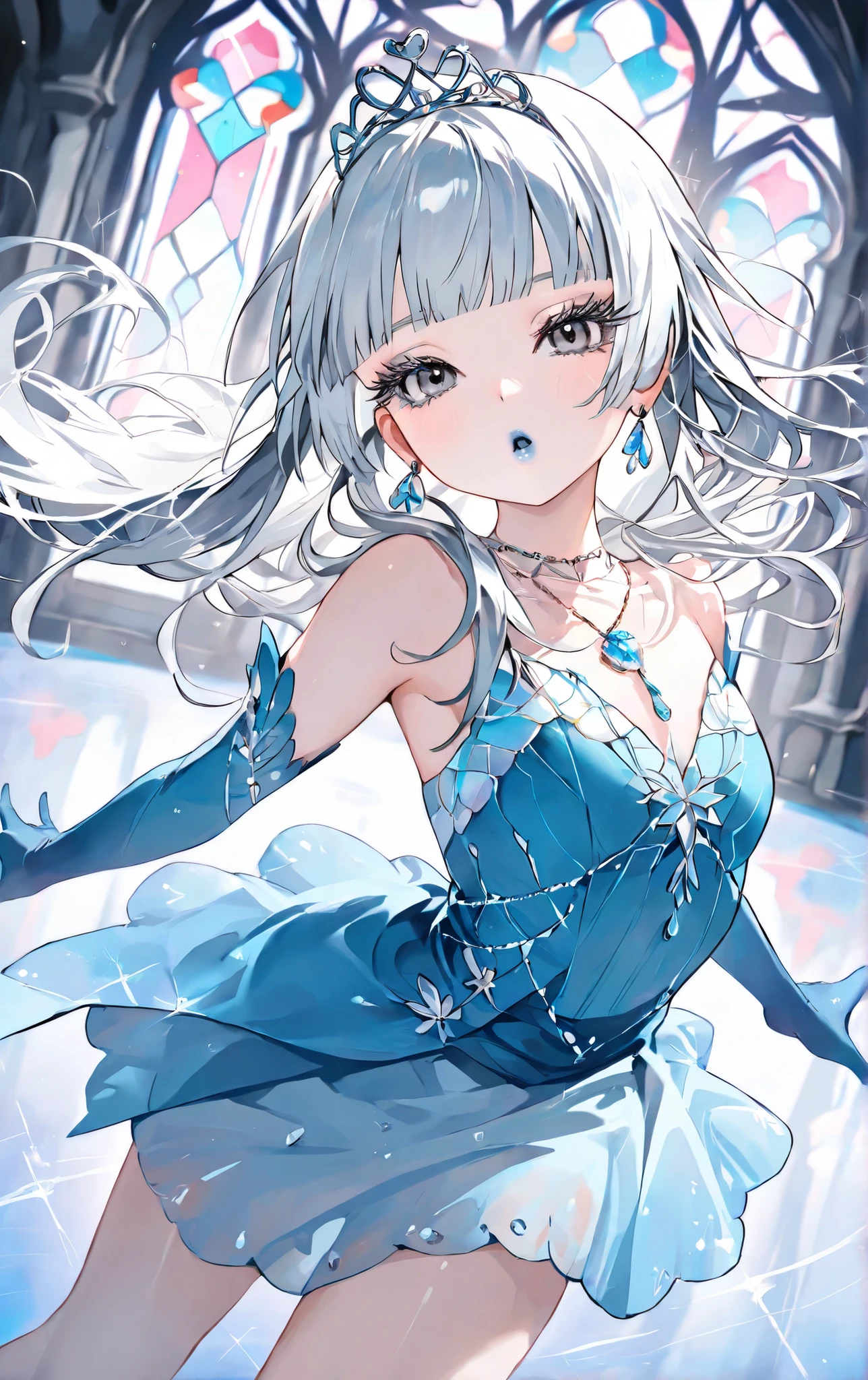 score_9, score_8_up, score_7_up, score_6_up,
1girl, teen girl, highschool girl, elegant icy blue dress with snow accents, white hair, hime-cut hair, straight hair, long hair, grey eyes, thick lips, small, long eyelashes, heart shaped tiara, glass necklace, blunt bangs, young adult, eyeliner, earrings, blue lips, open mouth, grey eyeshadow, blue lipstick, blue lace gloves, standing, in front of a stained glass, cute look, menacingly proud stance, fantasy Victorian ice castle background, full of mysterious beings, dynamic pose, dynamic angle, angled shot, ice skating pose