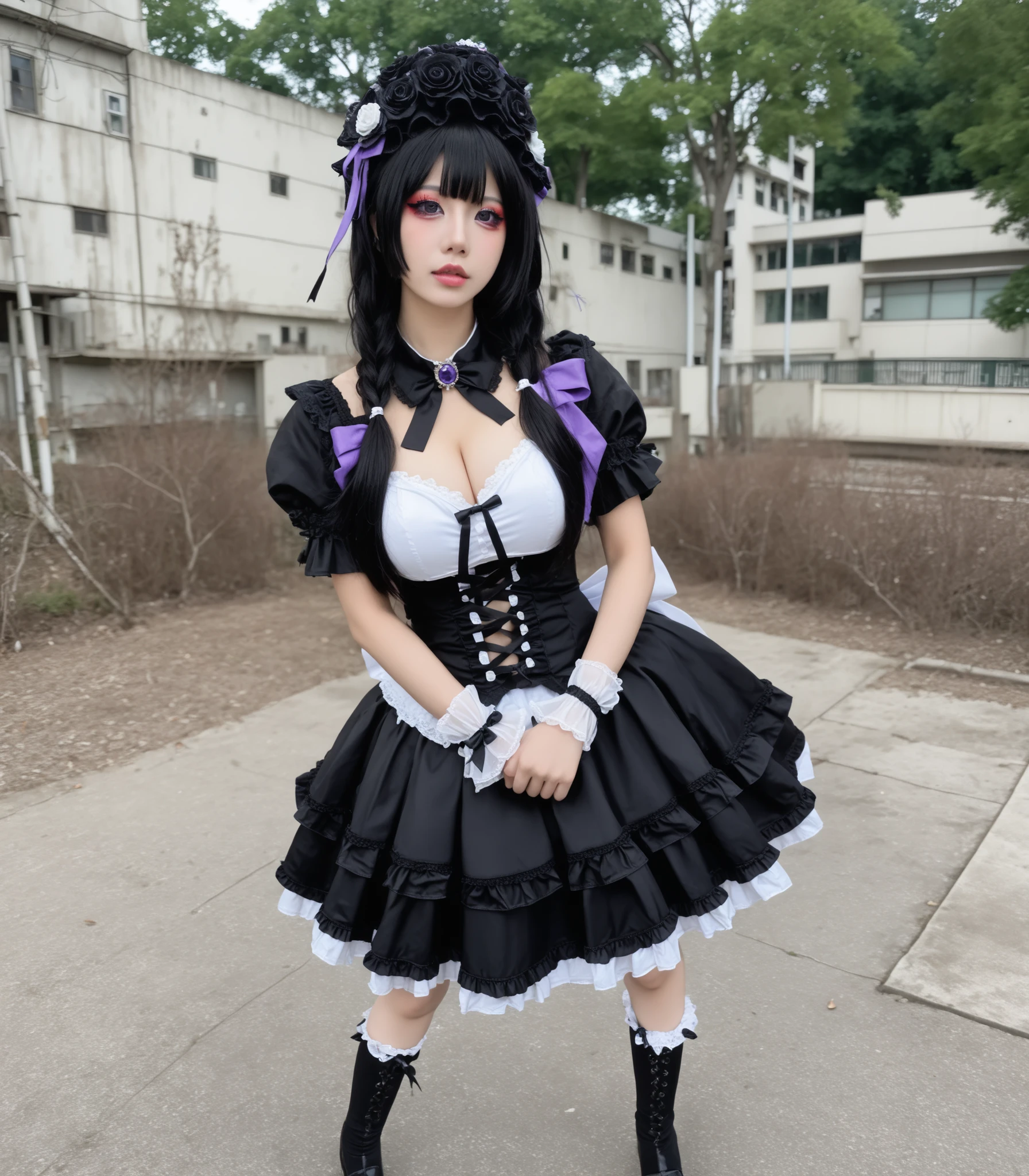 full body photo, (obra-prima, ultradetalhado, ultra-realista, melhor qualidade, Foco claro), (fotorrealista, cinematic colorization movie, dramatic scene:1.2), sombra, (only, 1 mulher:1.3), (ultra high resolution, 8k:1.3), (corpo inteiro:1.2), plano muito aberto, (anatomia perfeita:1.3), face perfeita, (rosto detalhado, olho detalhado), (beautiful Japanese anime cosplay girl:1.3), using Gothic Lolita with ruffles, (Japanese Gothic high school anime lolita cosplay battle that accentuates her charms:1.3), (she is in the world of high school anime abandoned on the battlefield in the war, acting as an anime character:1.3), (detailed history:1.3), (seios muito grandes), Cintura fina, (extremely beautiful with an extremely cute face, mas legal:1.3), (Garota gorda:1.2), (maquiagem:1.2), (eyeliner:1.3), (foco no quadril:1), (incredible vision of acrobatic battle pose:1.3), (luz profissional:1), kiss lips, (full lips:1.3),  Thin Lips, boca aberta, seios enormes, seios gigantescos, [big breasts:big breasts:0.4]