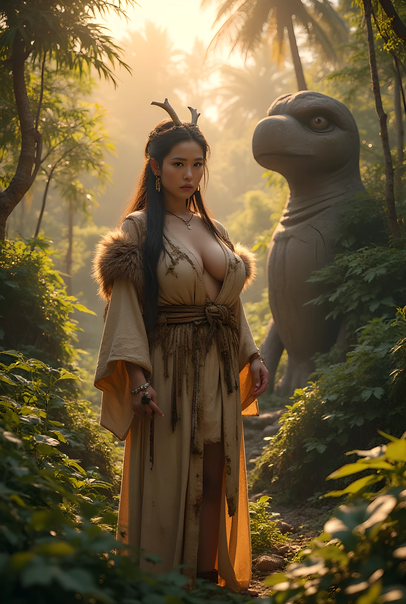 Ancient prehistoric age era, 

((Realistic cinematography ultra wide depth intricately tropical jungle angle of  scenery)),prehistoric rite,((a primitive female folk priestess sage)),wearing fully long fur primitively fabric kimono fur long dress,ritual,as she is worshipping a big prehistoric stone garuda figure,(prehistoric religion),(perfectly depth symmetrical curvy shapely),(cinematic dynamically  cinematic camera angle scenery:accurately depicted:1.3),the lively prehistoric rite depicting scenery,golden hour,realistically full depth,(cinematography dynamic angle|hyperrealistic:realistic scenery:3d texture over the scenery),she is holding bone ornament staff,summer season,(cinematography vibe),,(dynamic image composition),(octane 3d rendering|50mm lens shot:1.3),(lifelike skin texture:lifelike thick hairs:bone hair ornaments),(best rule of third photography composition),(best image aperture),(full details depth of field),(best shutter speed),(RAW photo image),(photorealistic|photorealism:hyperrealism style),(realistic depth 3d:cgi:1.3),(trending on cgsociety:devianart:unreal engine 5),furry,(best photography:national Geographic style), fantasyPunkAi and tikiPunkAi artwork, digital art,best lighting concept,(realistic fixed truly fully human anatomy body+hands+and+fingers anatomical),inspired by farcry5 game artwork.