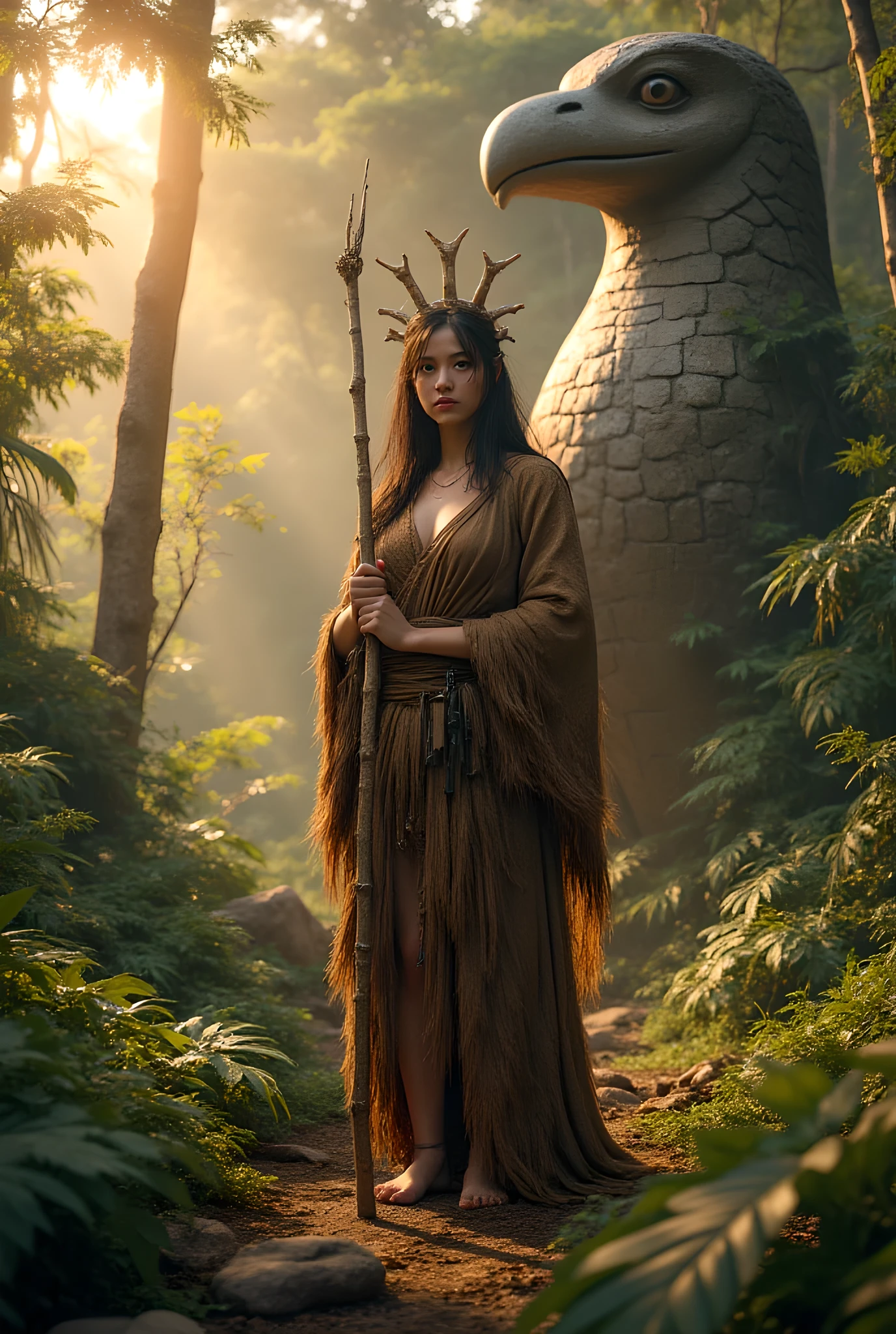 Ancient prehistoric age era,
((Realistic cinematography ultra wide depth intricately tropical jungle angle of scenery)),prehistoric rite,((a primitive female folk priestess sage)),wearing fully long fur primitively fabric kimono fur long dress,ritual,as she is worshipping a big prehistoric stone garuda figure,(prehistoric religion),(perfectly depth symmetrical curvy shapely),(cinematic dynamically cinematic camera angle scenery:accurately depicted:1.3),the lively prehistoric rite depicting scenery,golden hour,realistically full depth,(cinematography dynamic angle|hyperrealistic:realistic scenery:3d texture over the scenery),she is holding bone ornament staff,summer season,(cinematography vibe),,(dynamic image composition),(octane 3d rendering|50mm lens shot:1.3),(lifelike skin texture:lifelike thick hairs:bone hair ornaments),(best rule of third photography composition),(best image aperture),(full details depth of field),(best shutter speed),(RAW photo image),(photorealistic|photorealism:hyperrealism style),(realistic depth 3d:cgi:1.3),(trending on cgsociety:devianart:unreal engine 5),furry,(best photography:national Geographic style), fantasyPunkAi and tikiPunkAi artwork, digital art,best lighting concept,(realistic fixed truly fully human anatomy body+hands+and+fingers anatomical),inspired by farcry5 game artwork.